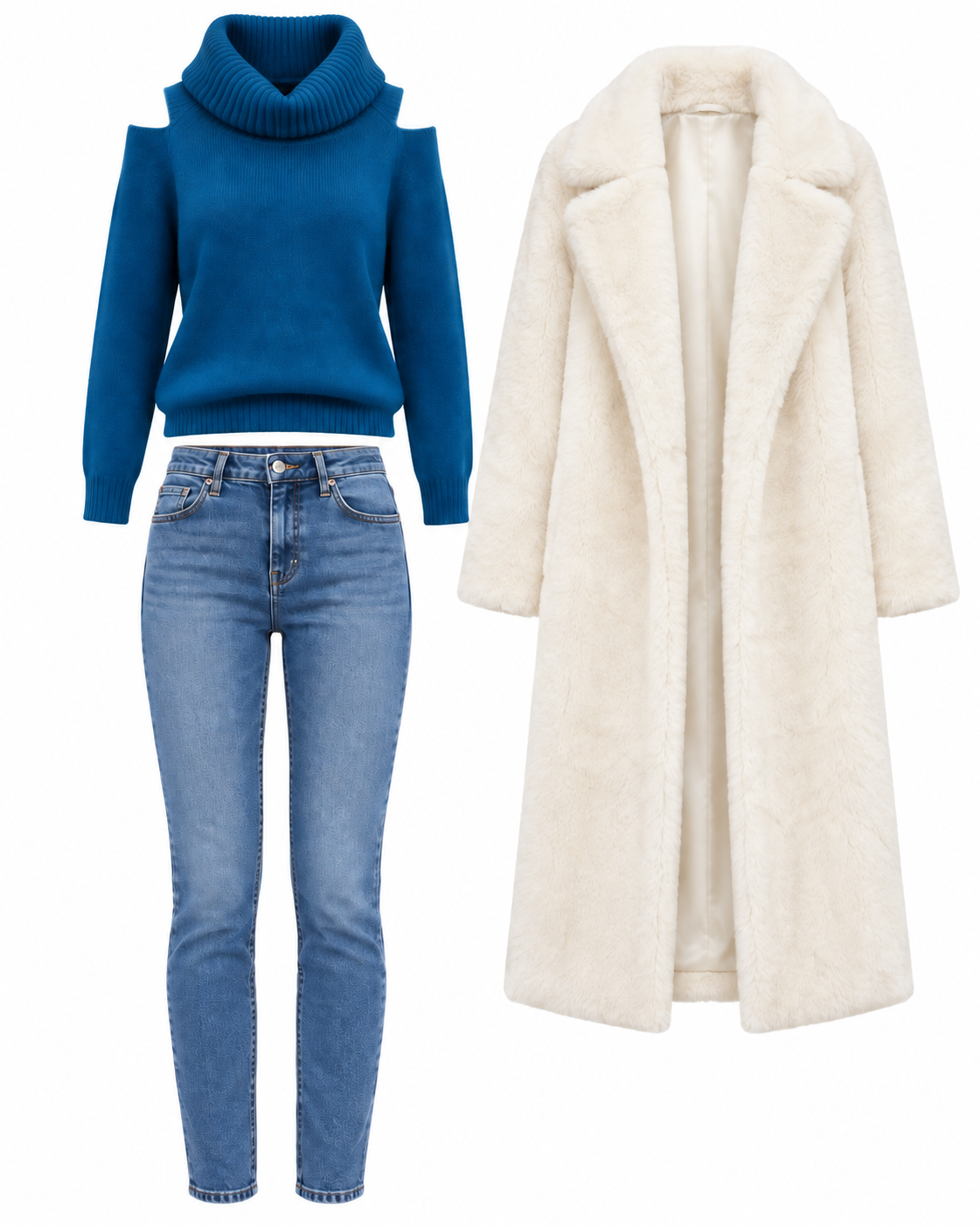 Blue cold-shoulder knit and ivory coat