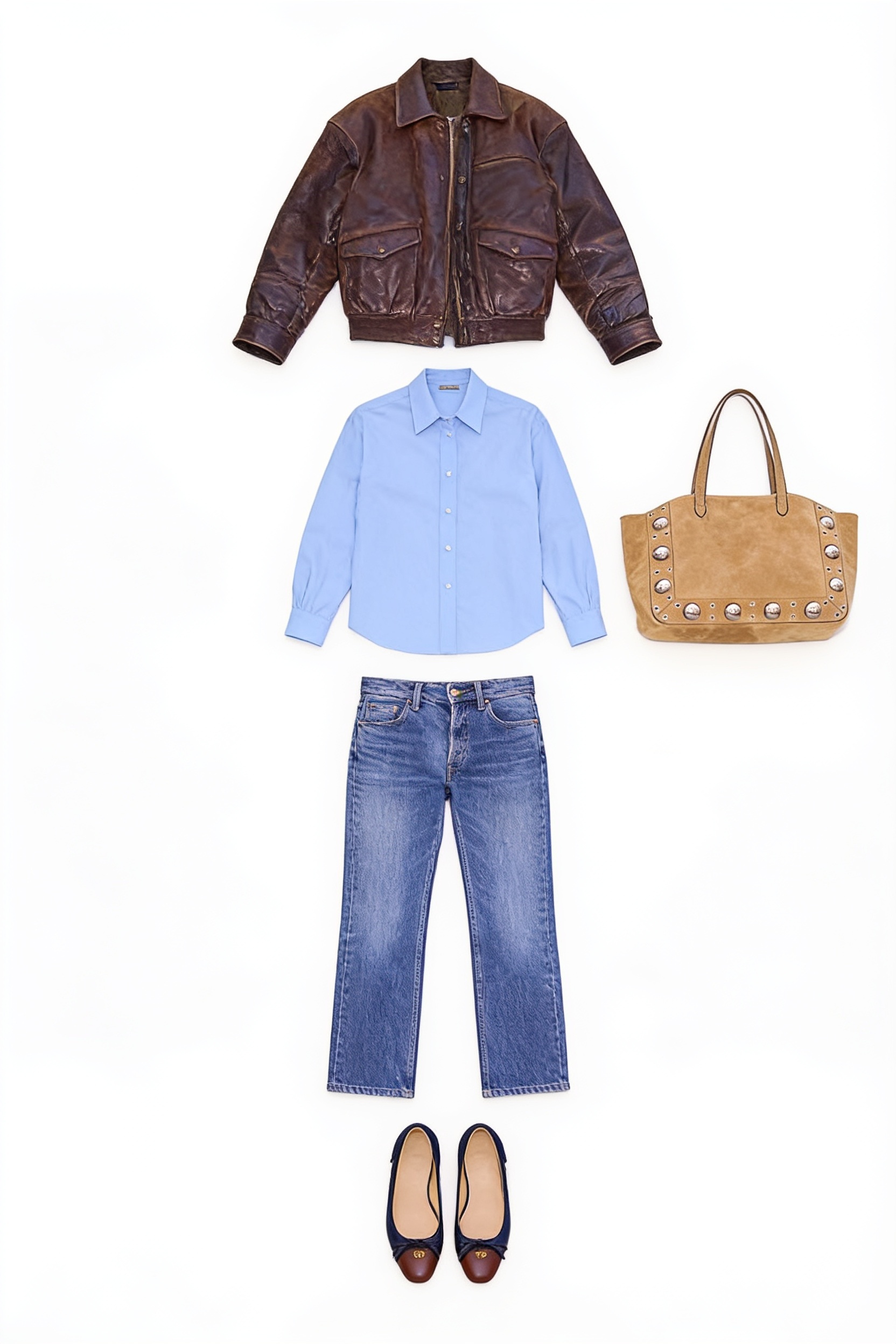 Brown leather jacket and straight-leg jeans