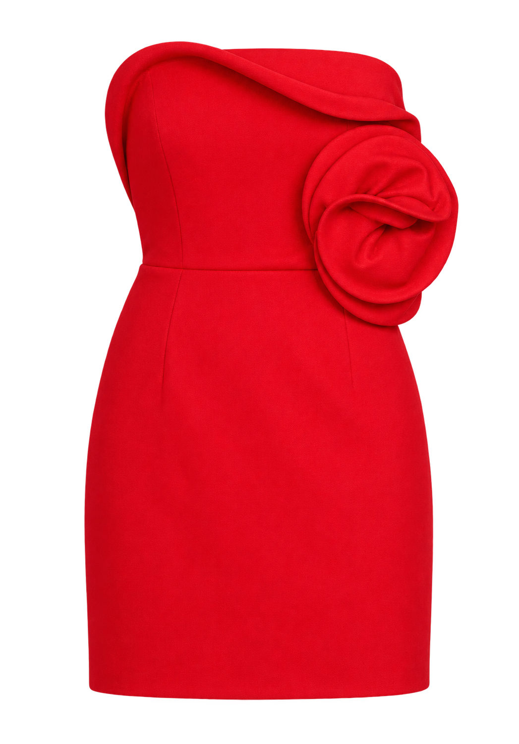 Red strapless rosette mini dress