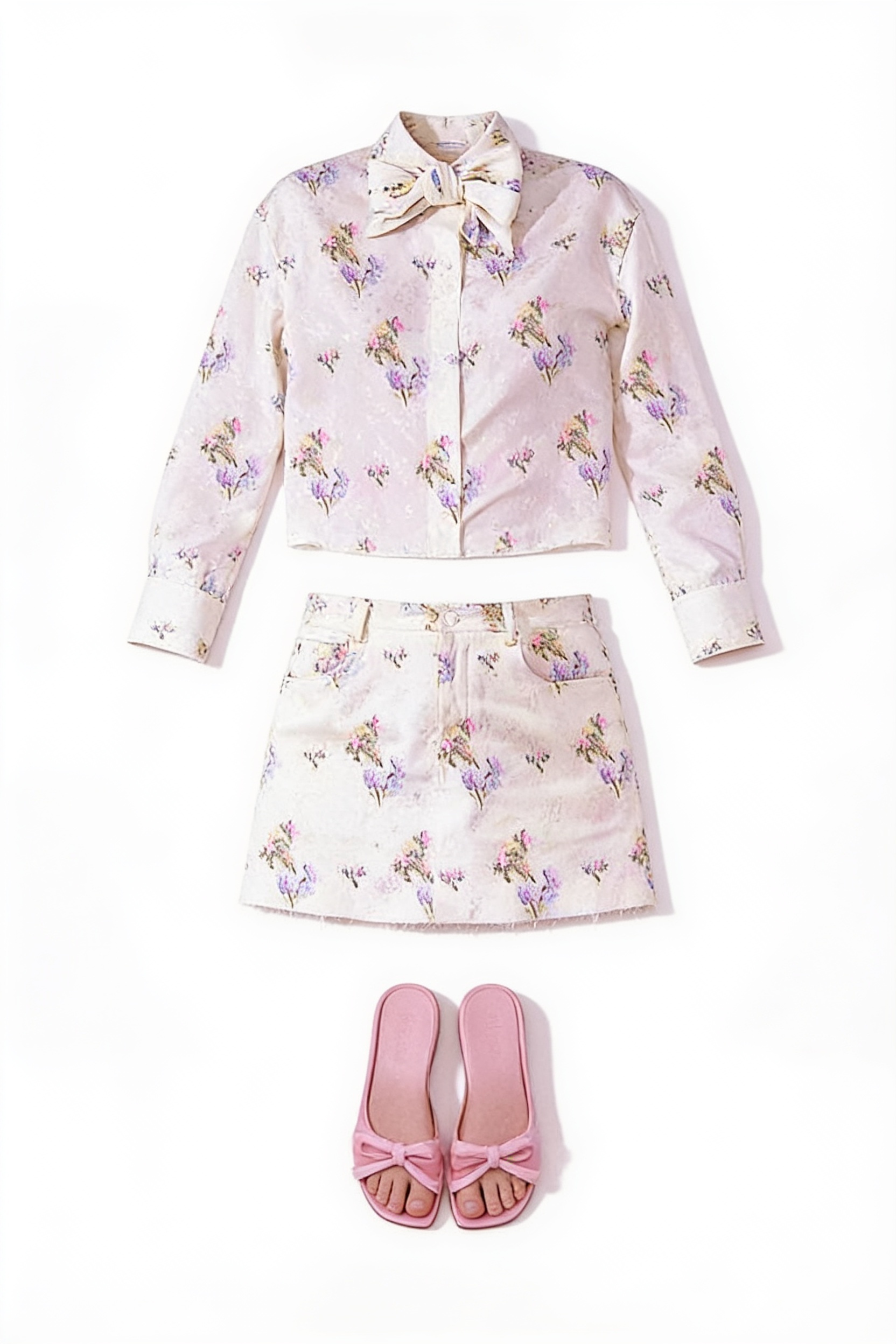 White floral bow-neck jacket and mini skirt