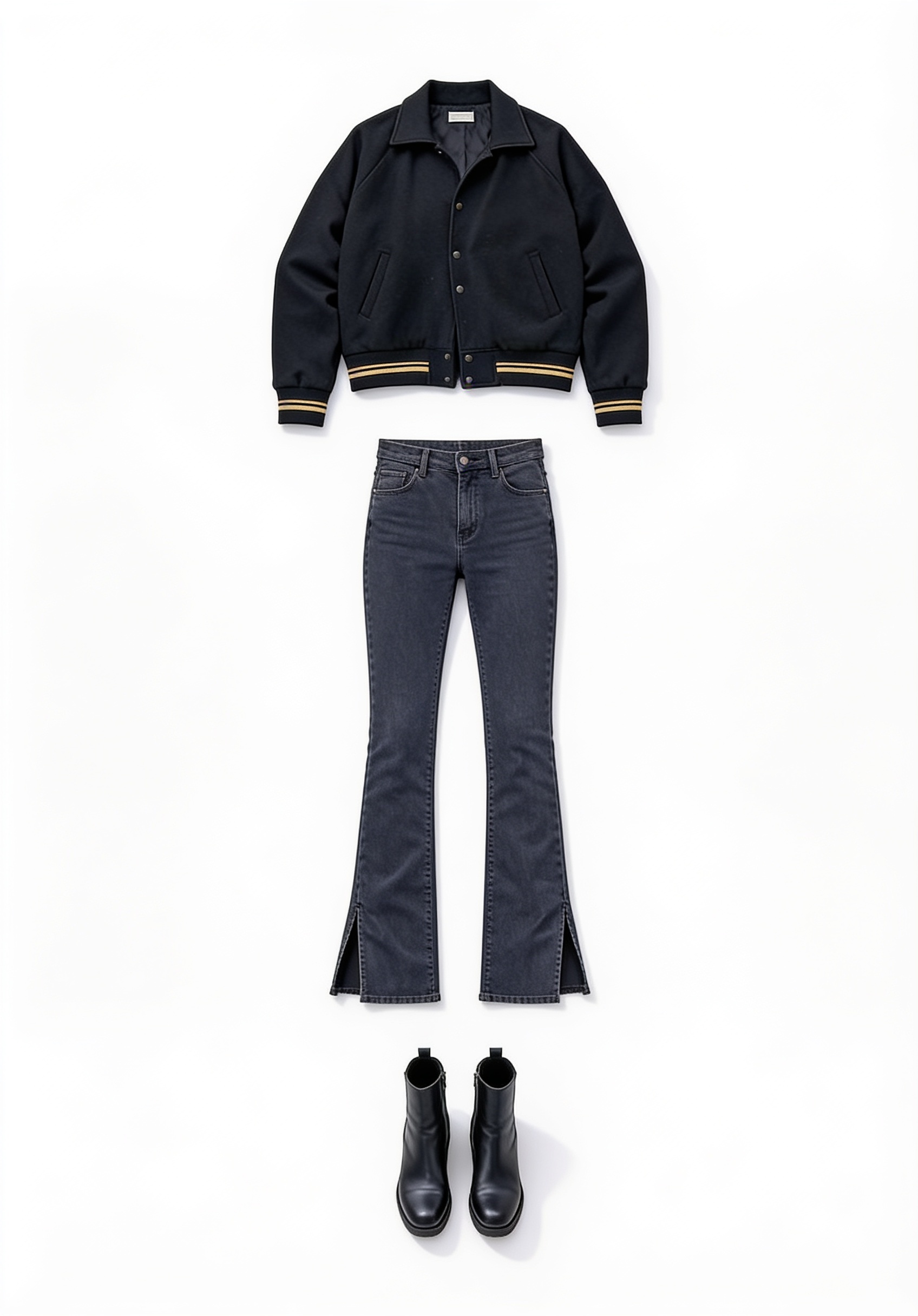 Black bomber jacket and flared jeans