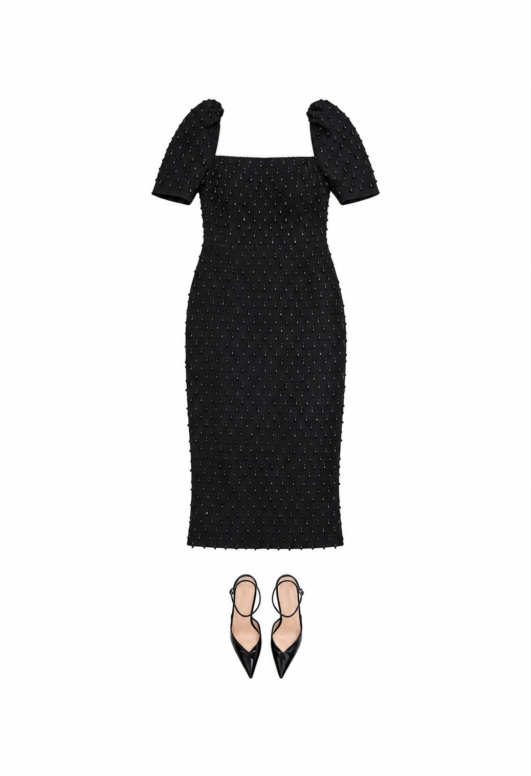 Black beaded square-neck midi dress