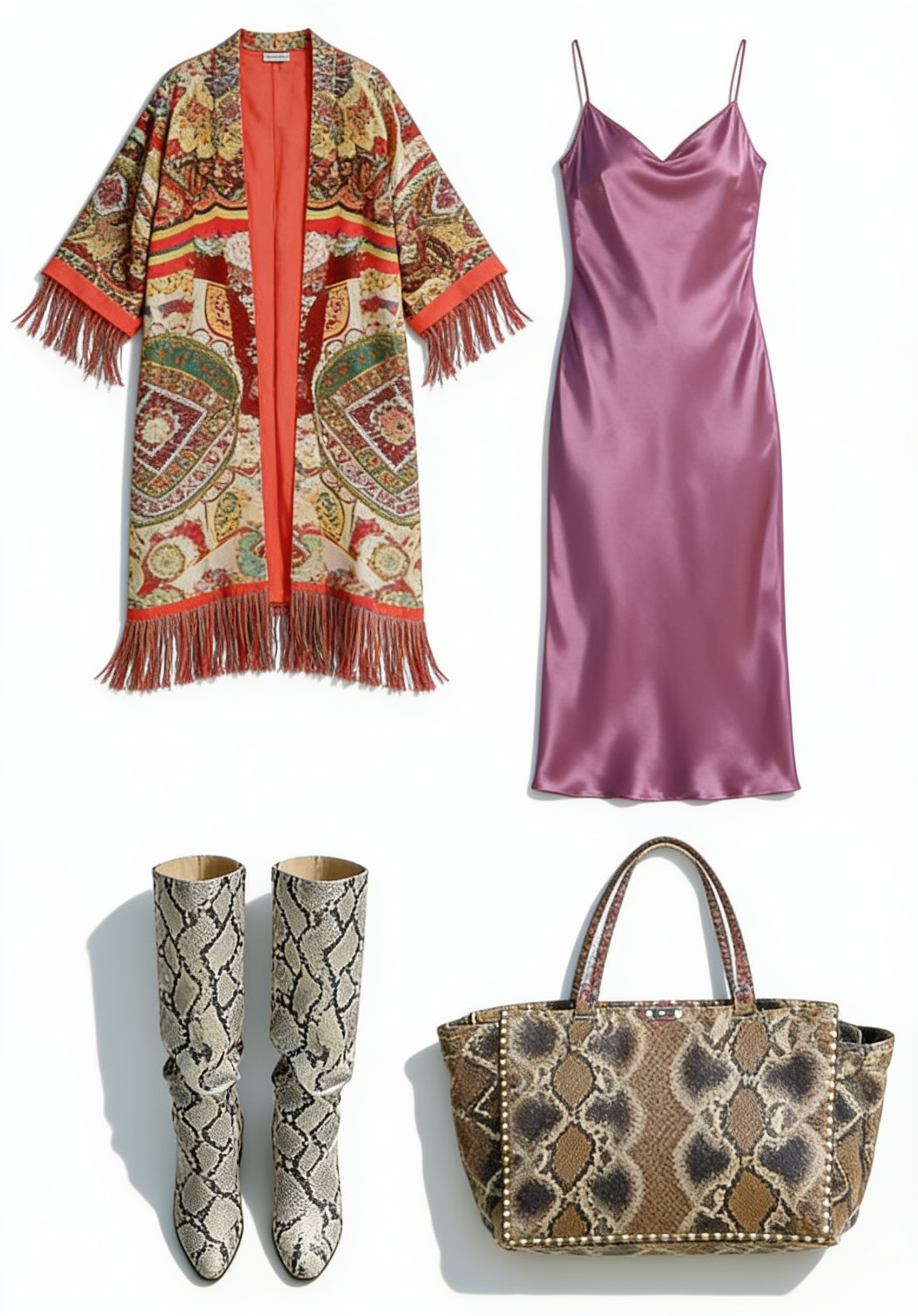 Purple slit dress and printed kimono coat