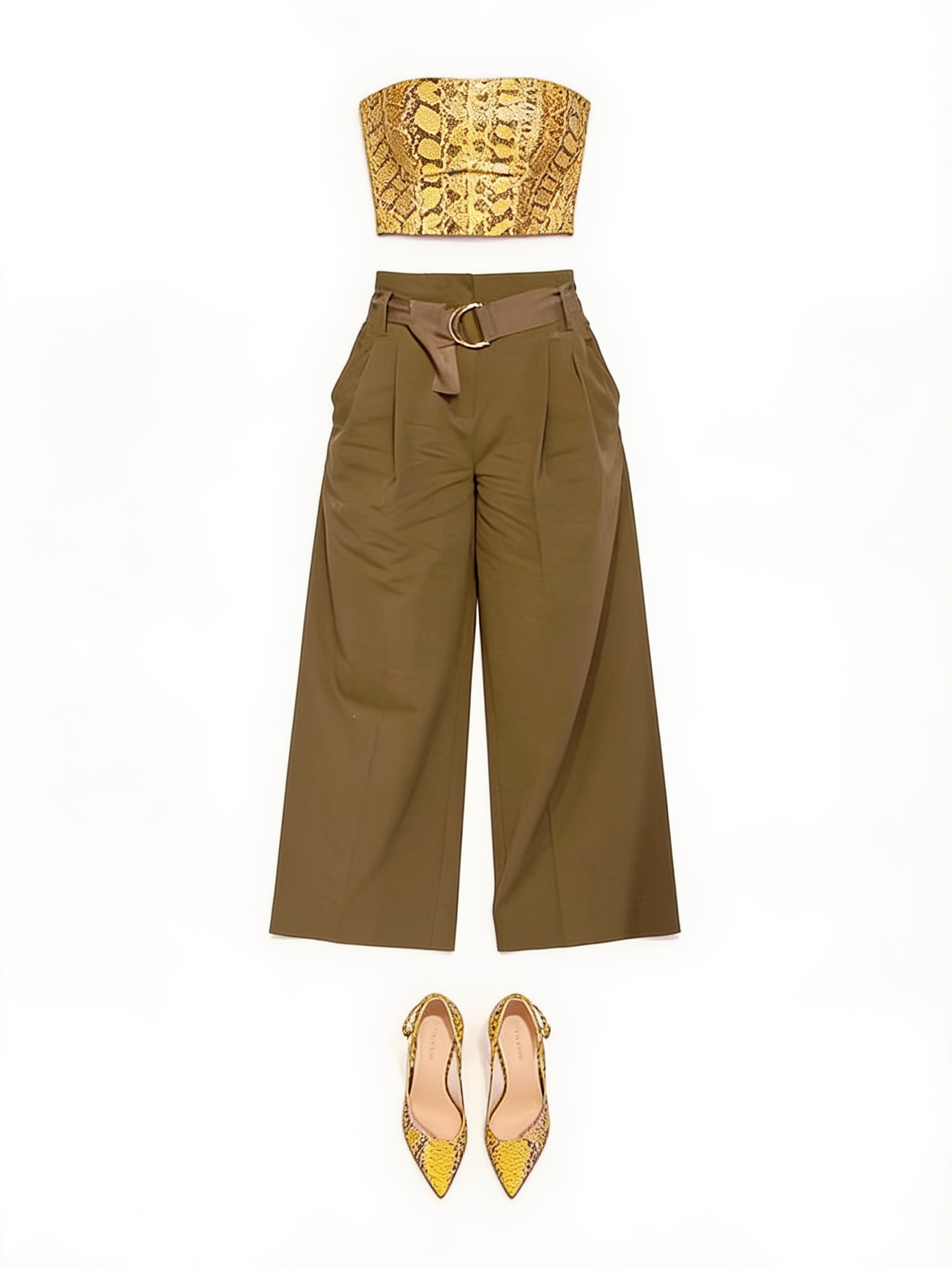 Olive wide-leg trousers and gold patterned top