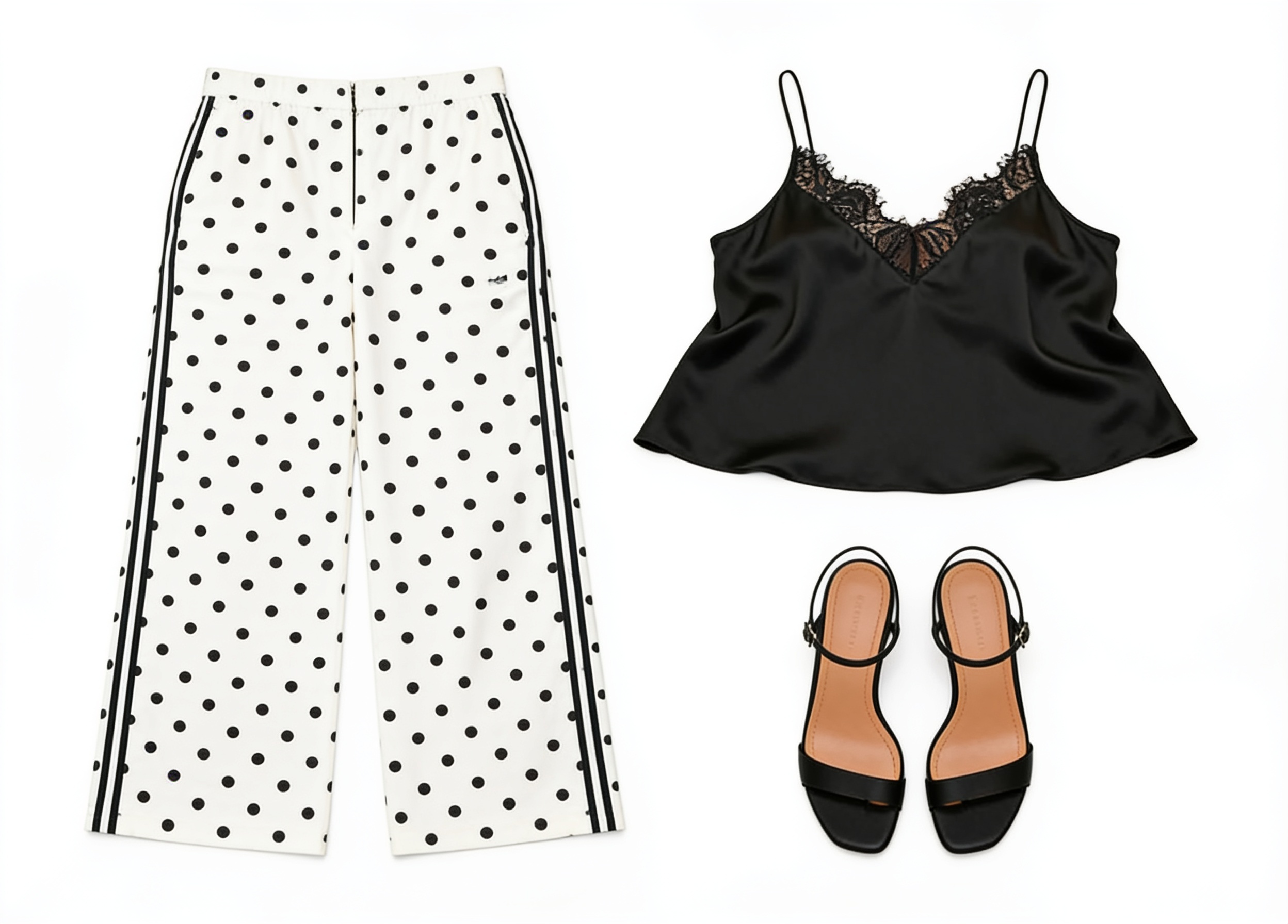Black camisole and white polka-dot trousers