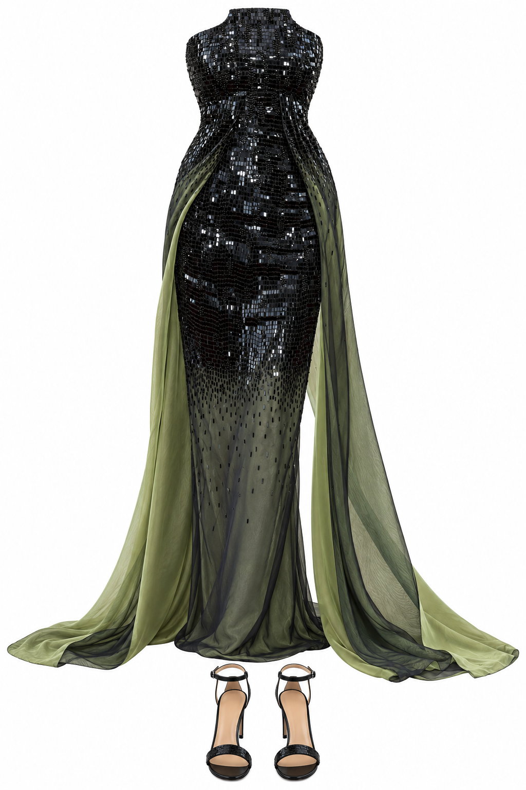Black sequined gown with olive chiffon train
