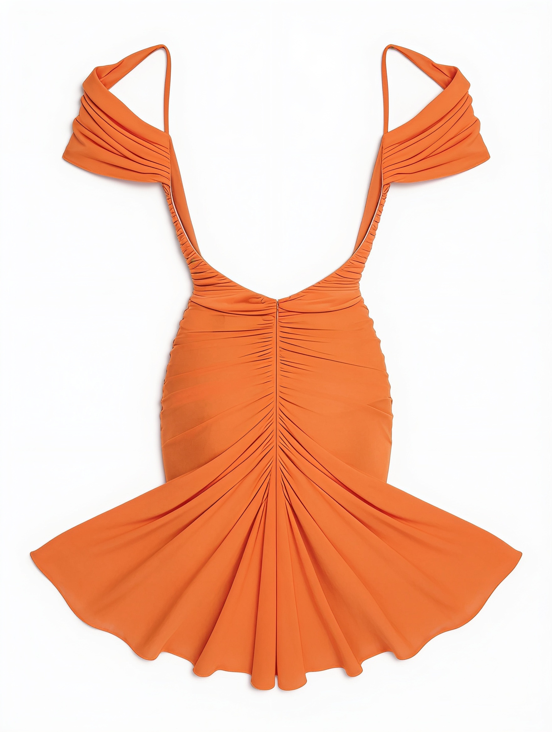 Orange off-shoulder draped gown