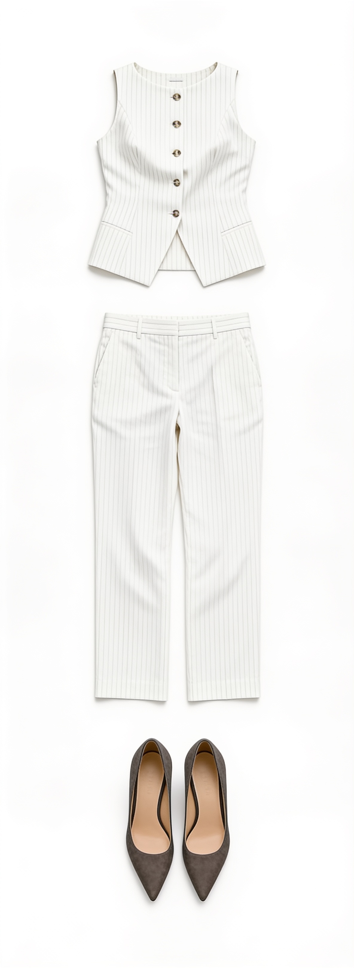 White sleeveless waistcoat and cropped trousers