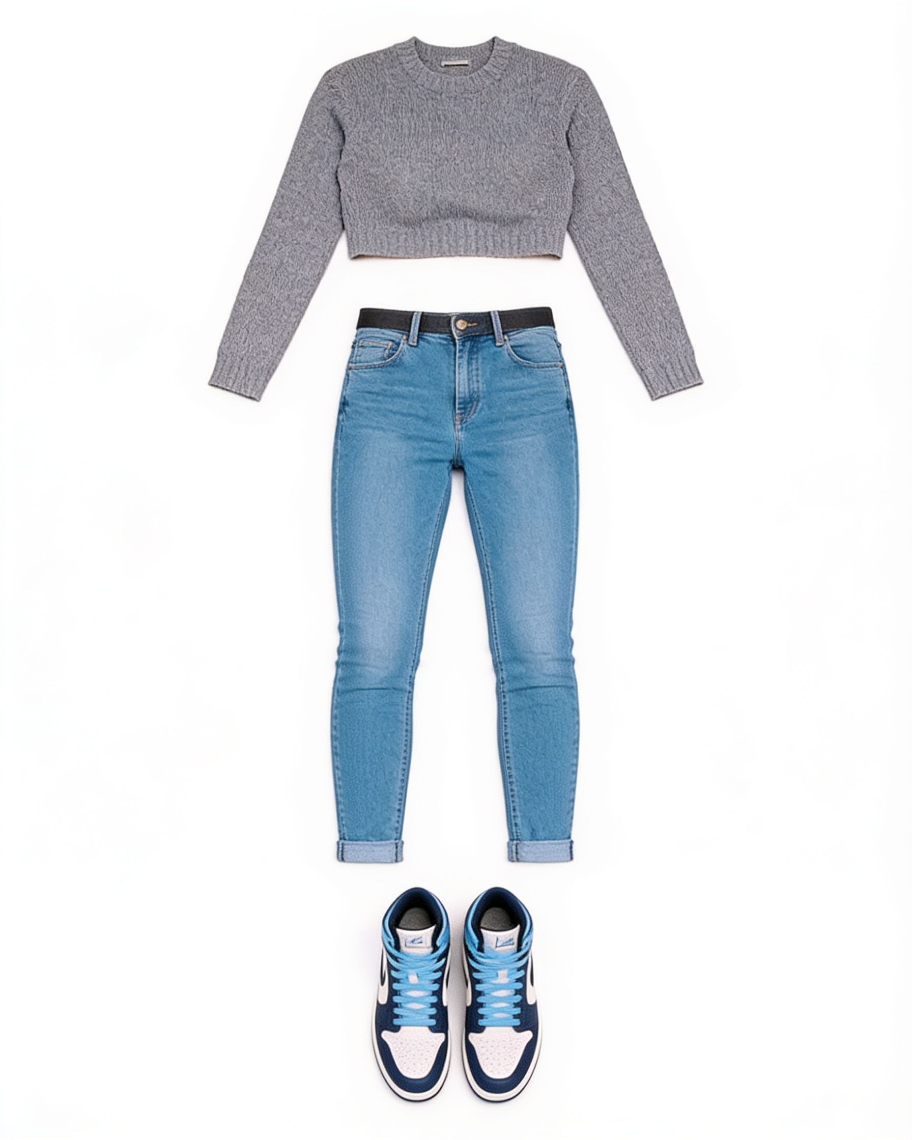 Grey raglan crop top and blue jeans