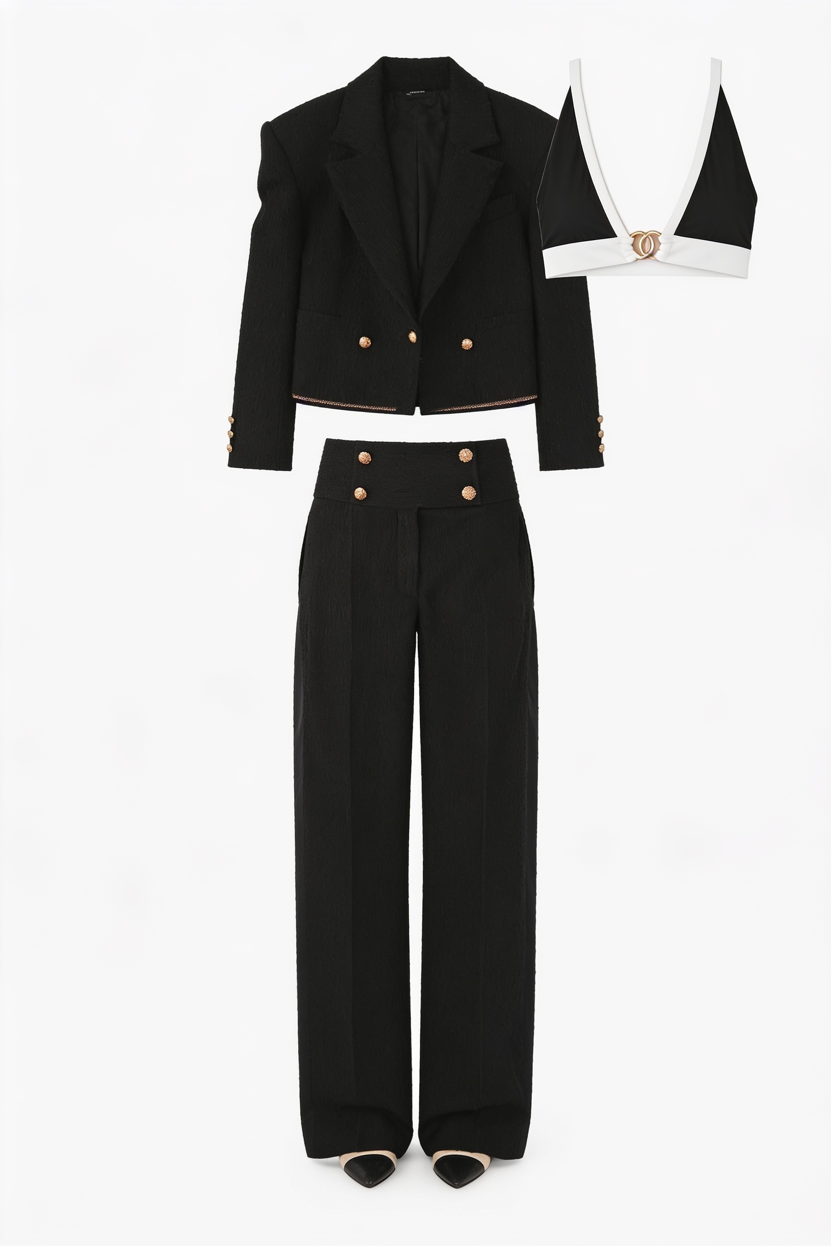 Black embellished vest and wide-leg trousers