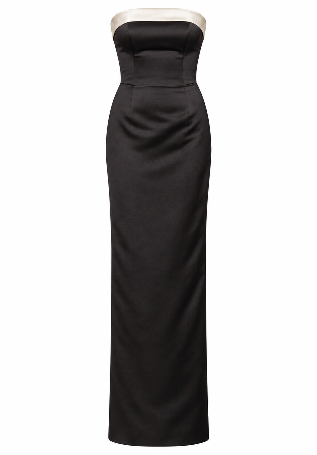 Black strapless column gown with ivory trim
