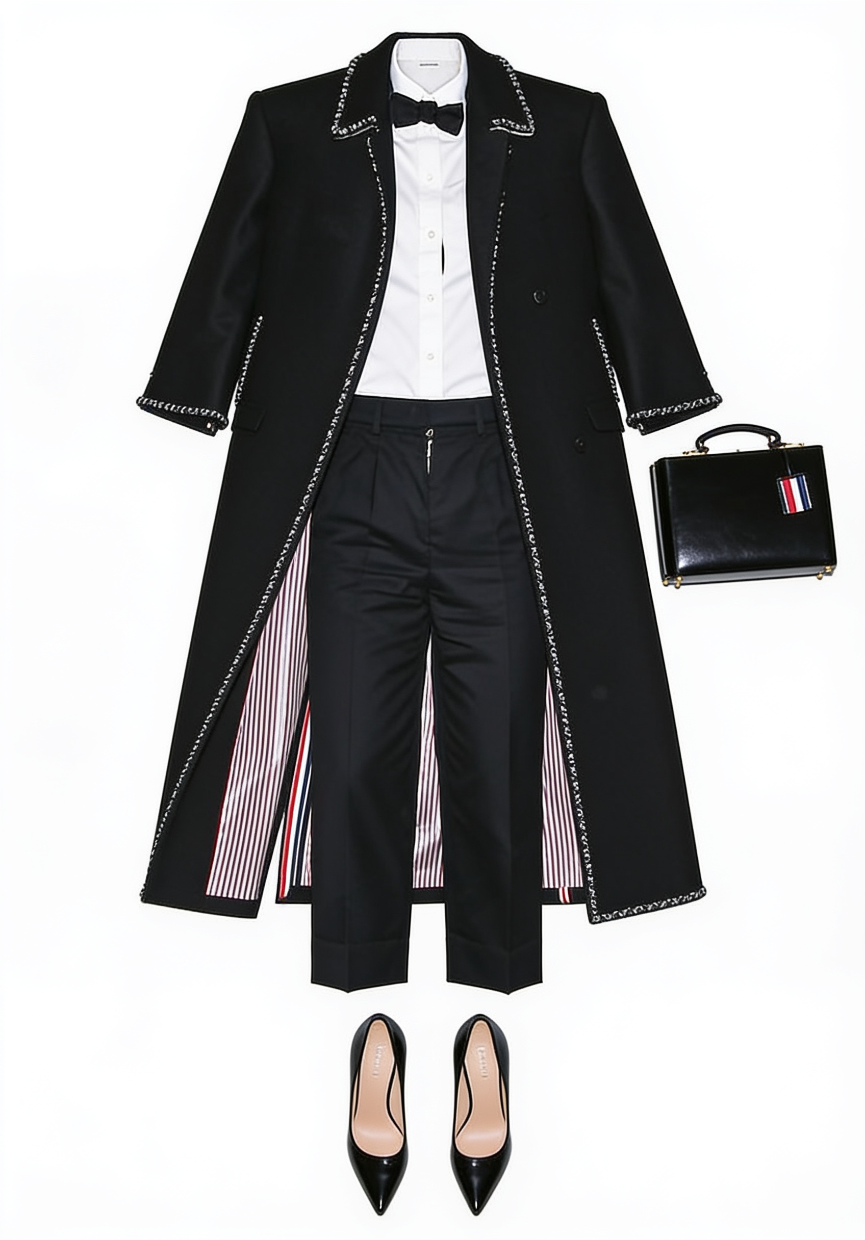 Black pinstriped coat and tuxedo trousers