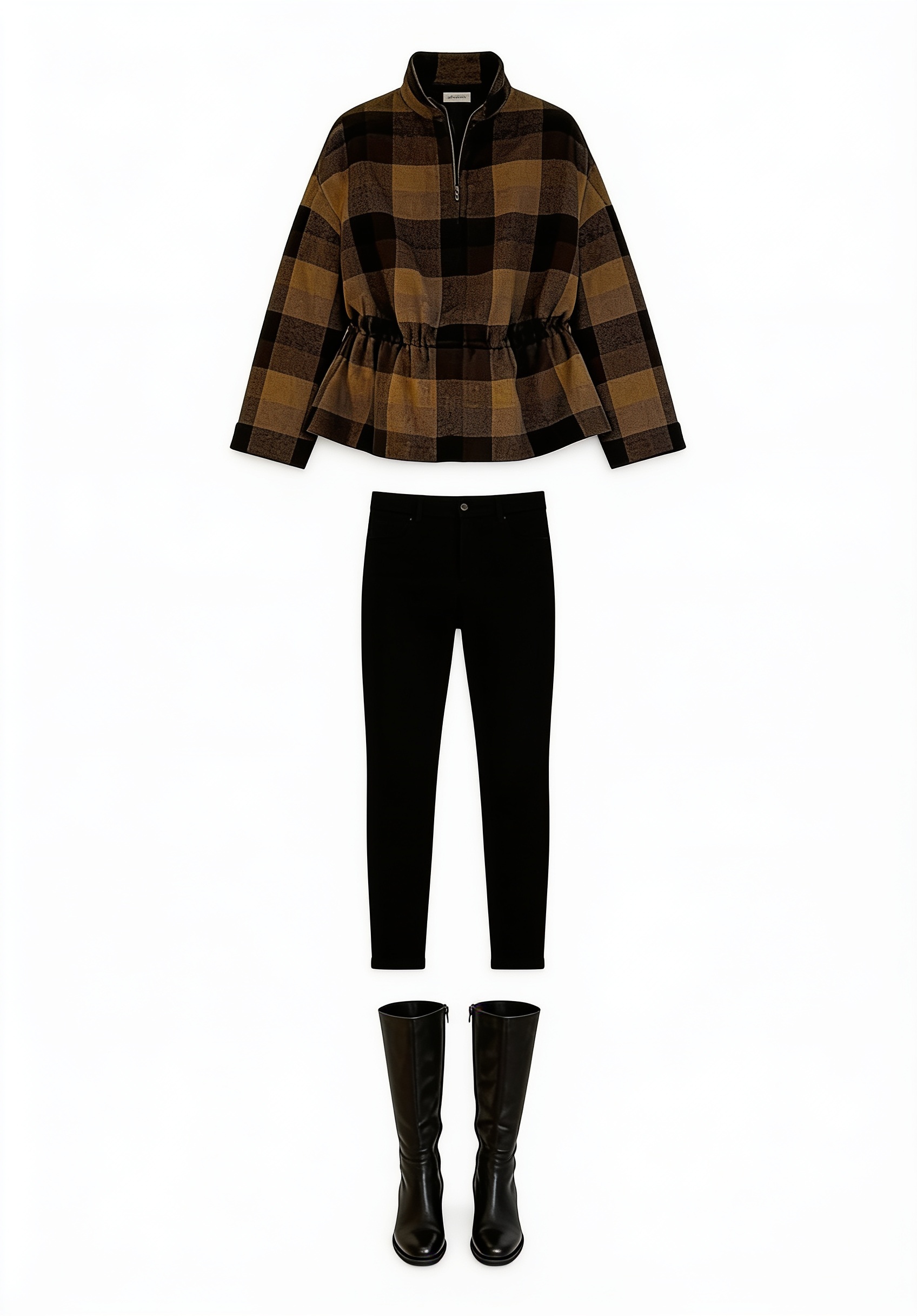 Brown plaid jacket and black trousers
