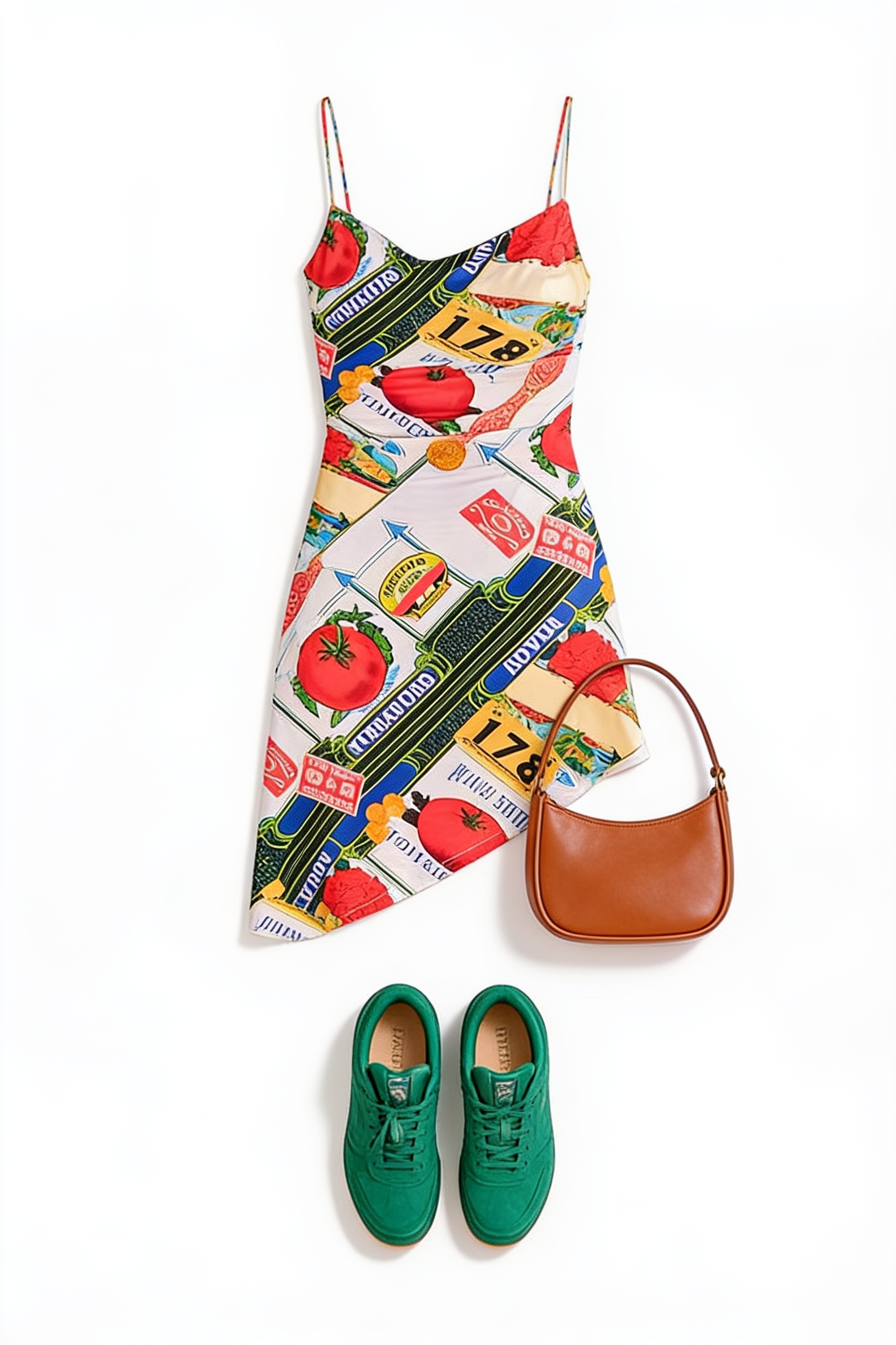 Colourful printed mini dress and green trainers