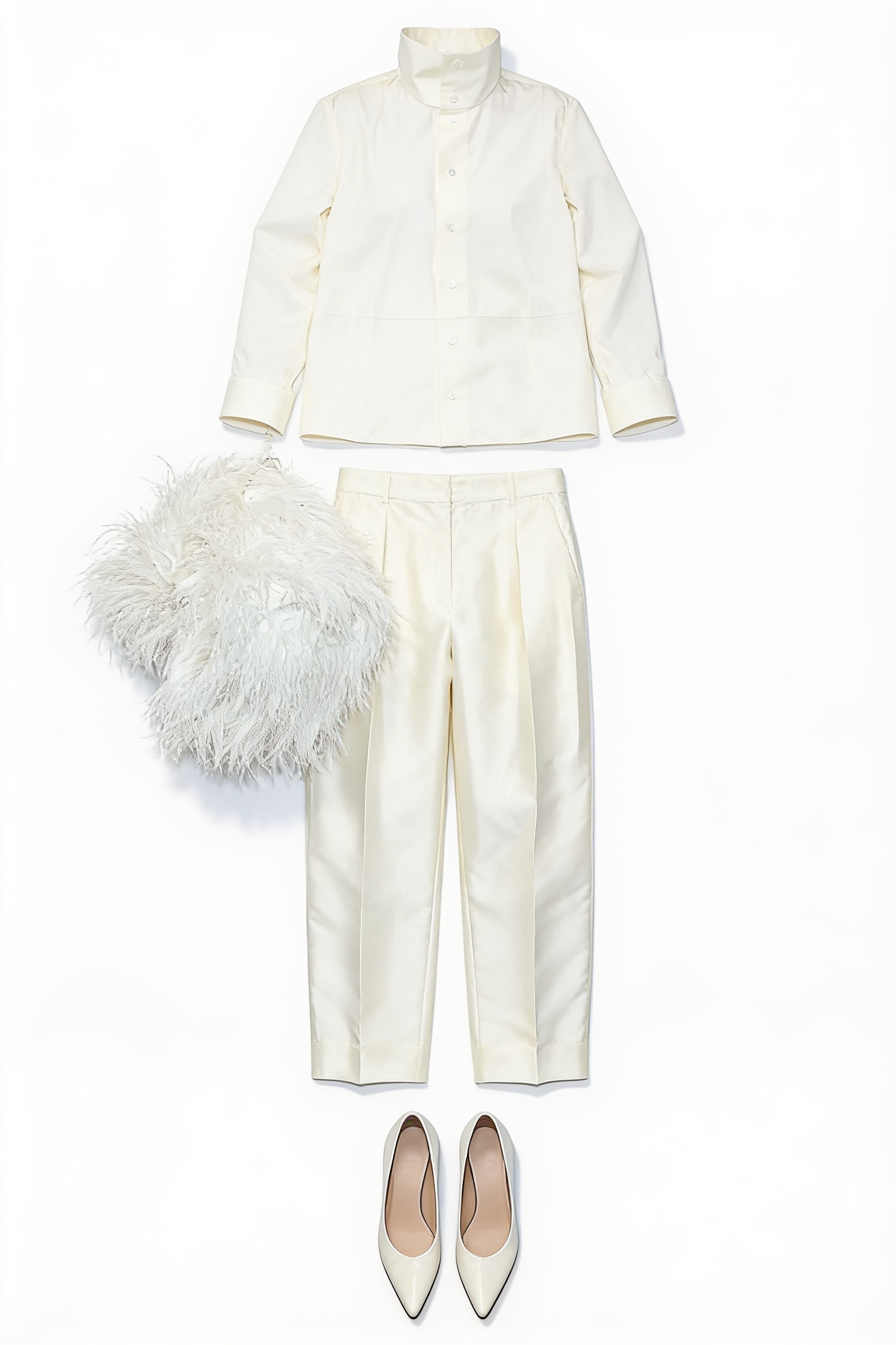Ivory high-neck blouse and satin trousers