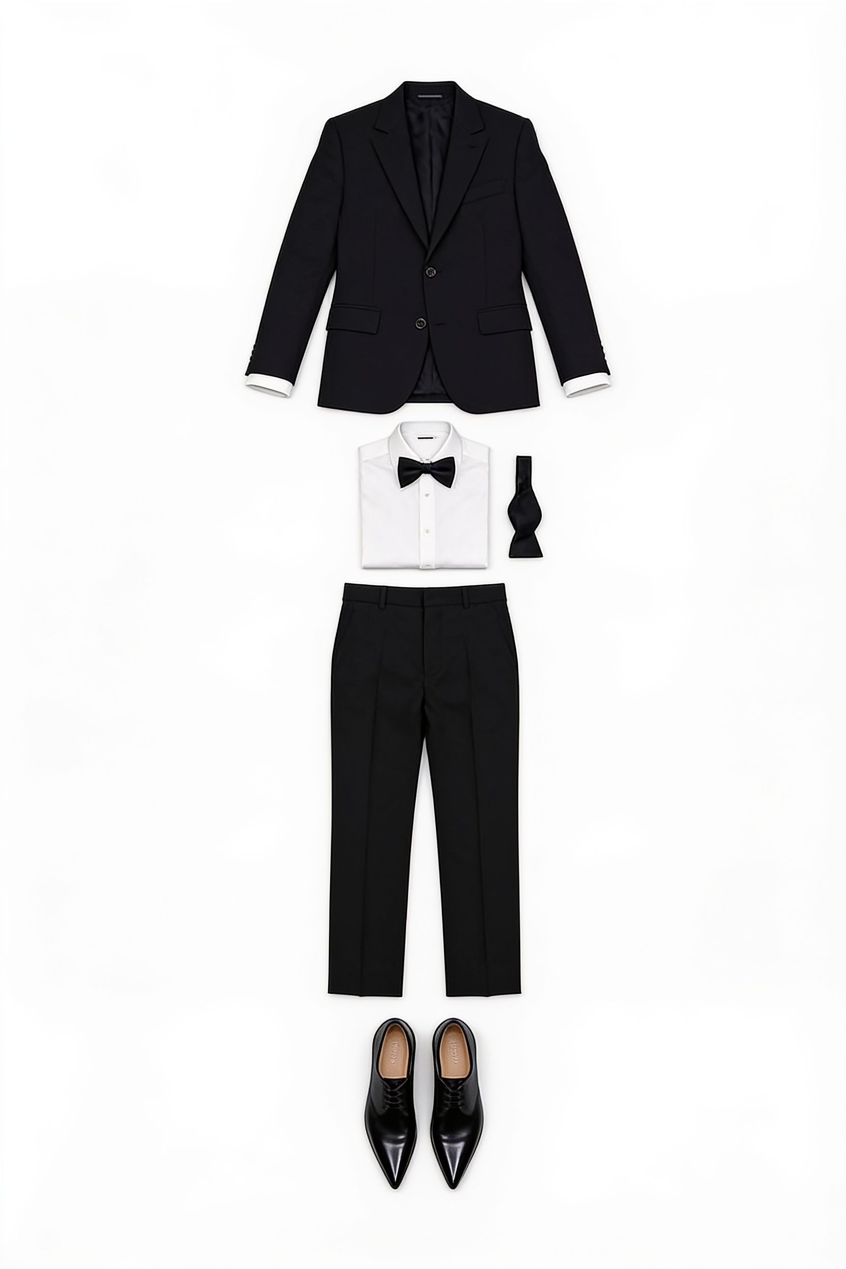 Black tuxedo suit and white bow blouse