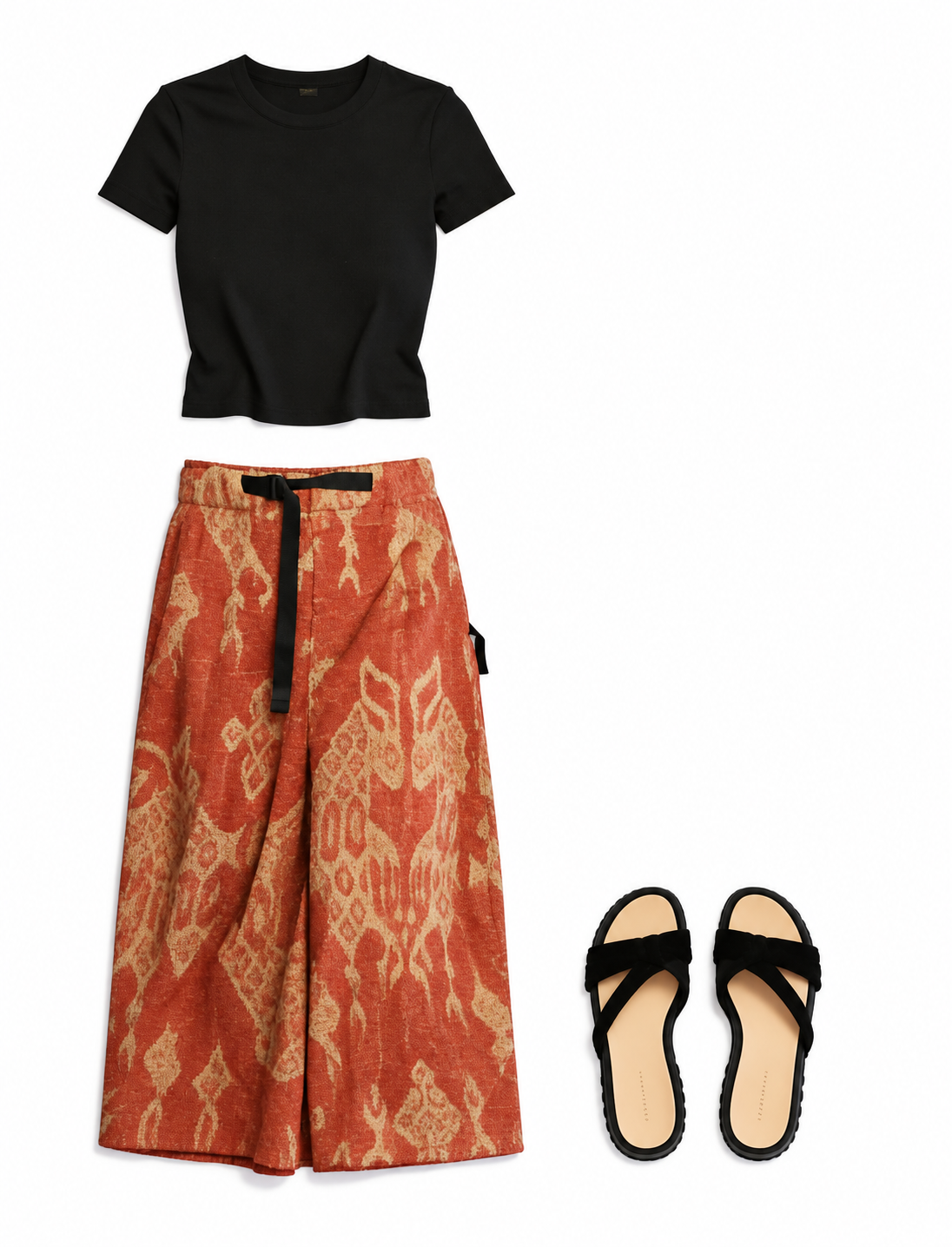Black cropped tee and rust patterned midi skirt