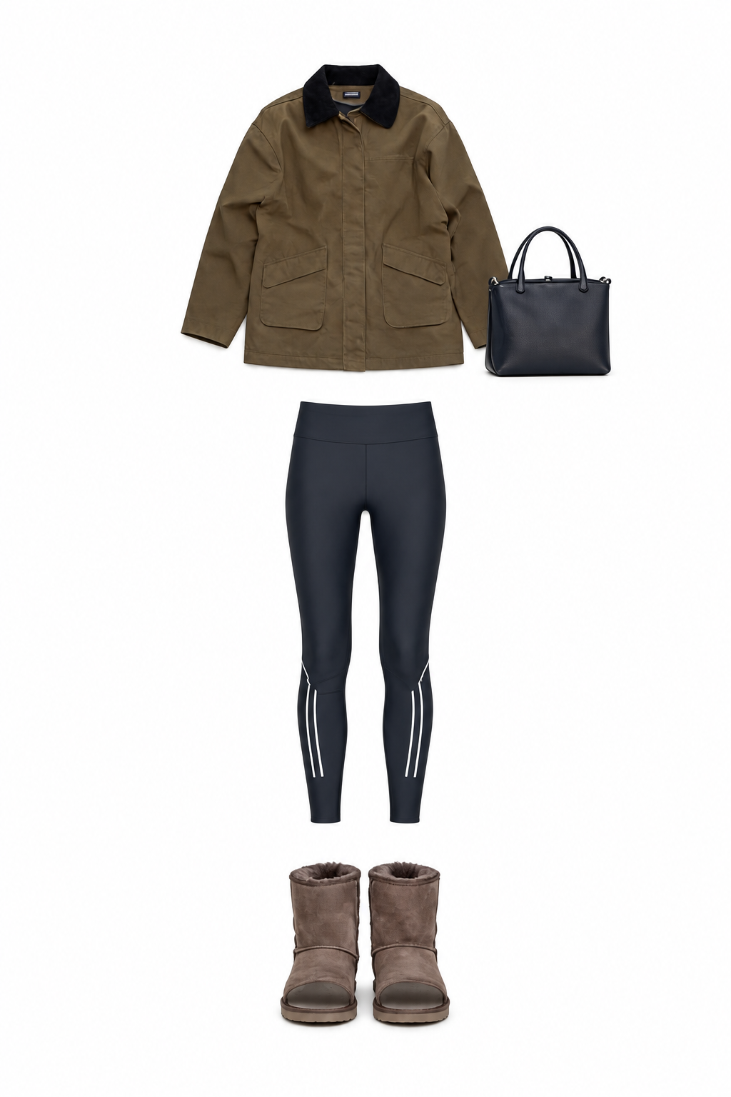 Olive utility jacket and dark leggings