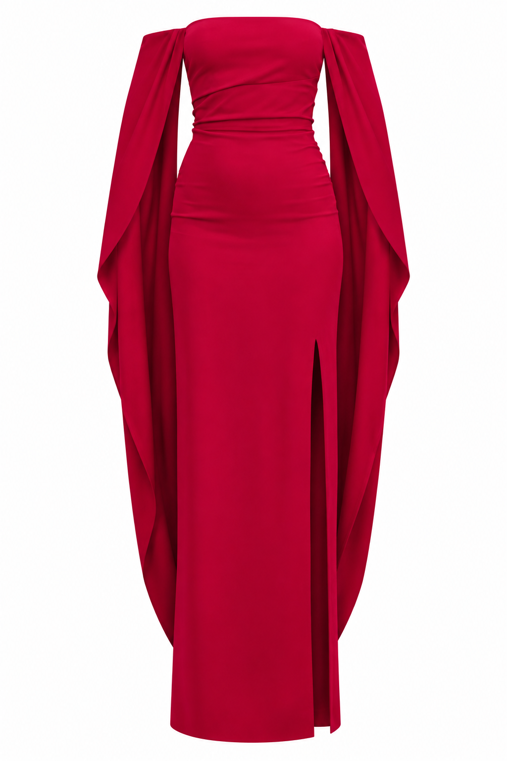 Red off-shoulder gown with cape sleeves
