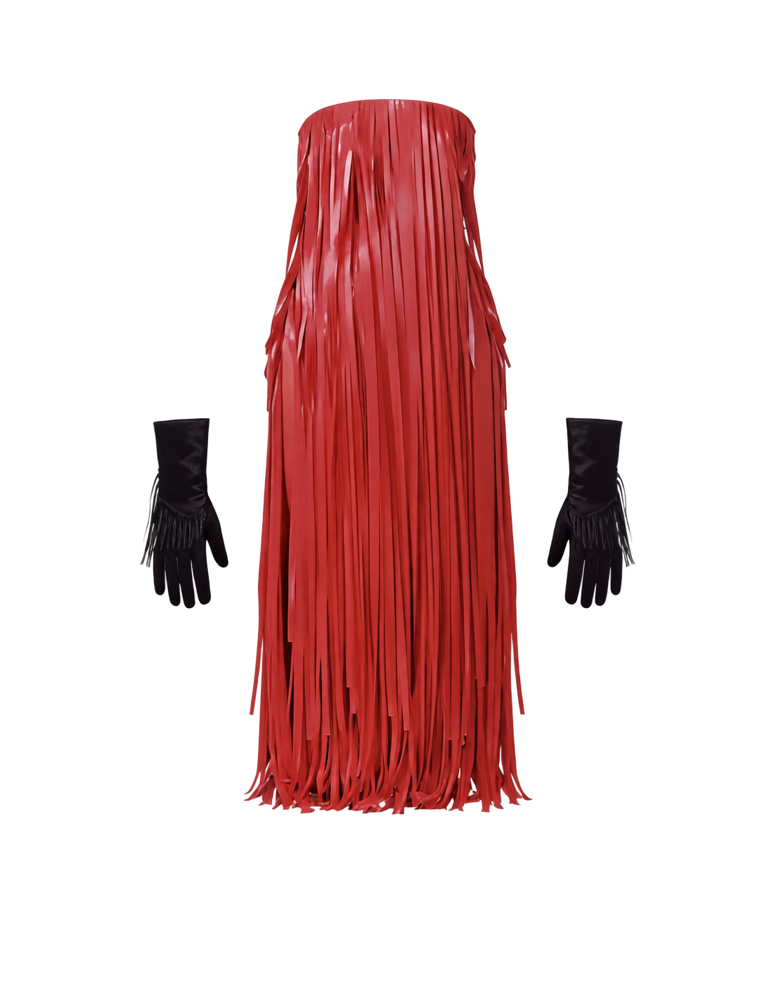 Red fringed maxi dress and black gloves
