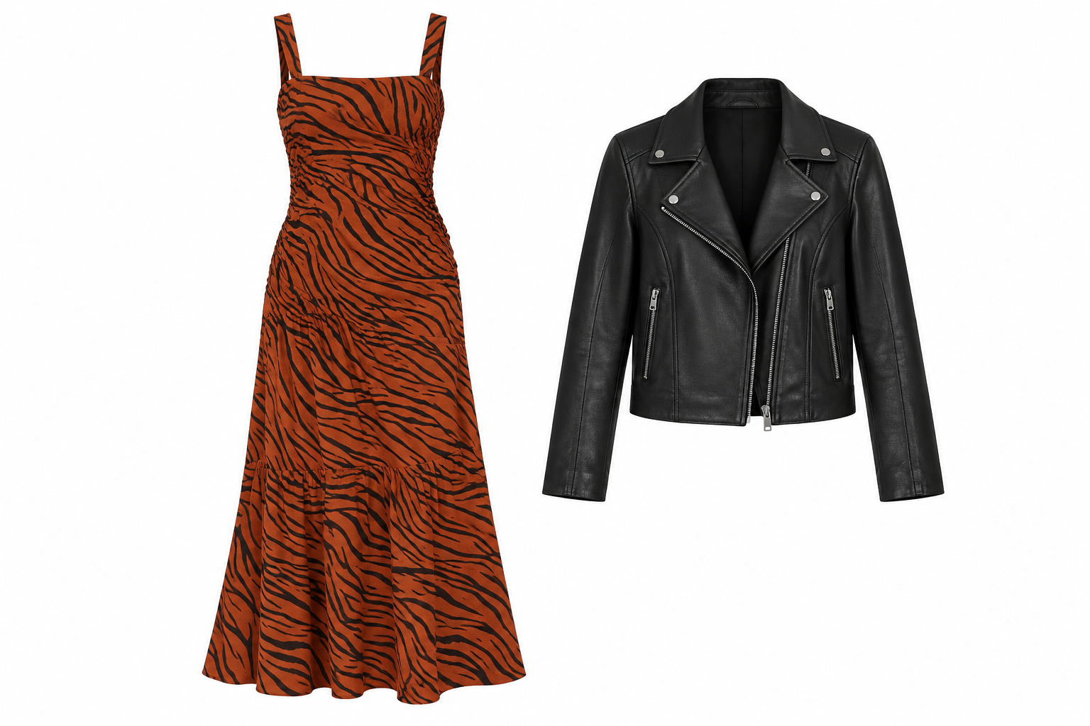 Tiger-print midi dress and black leather jacket