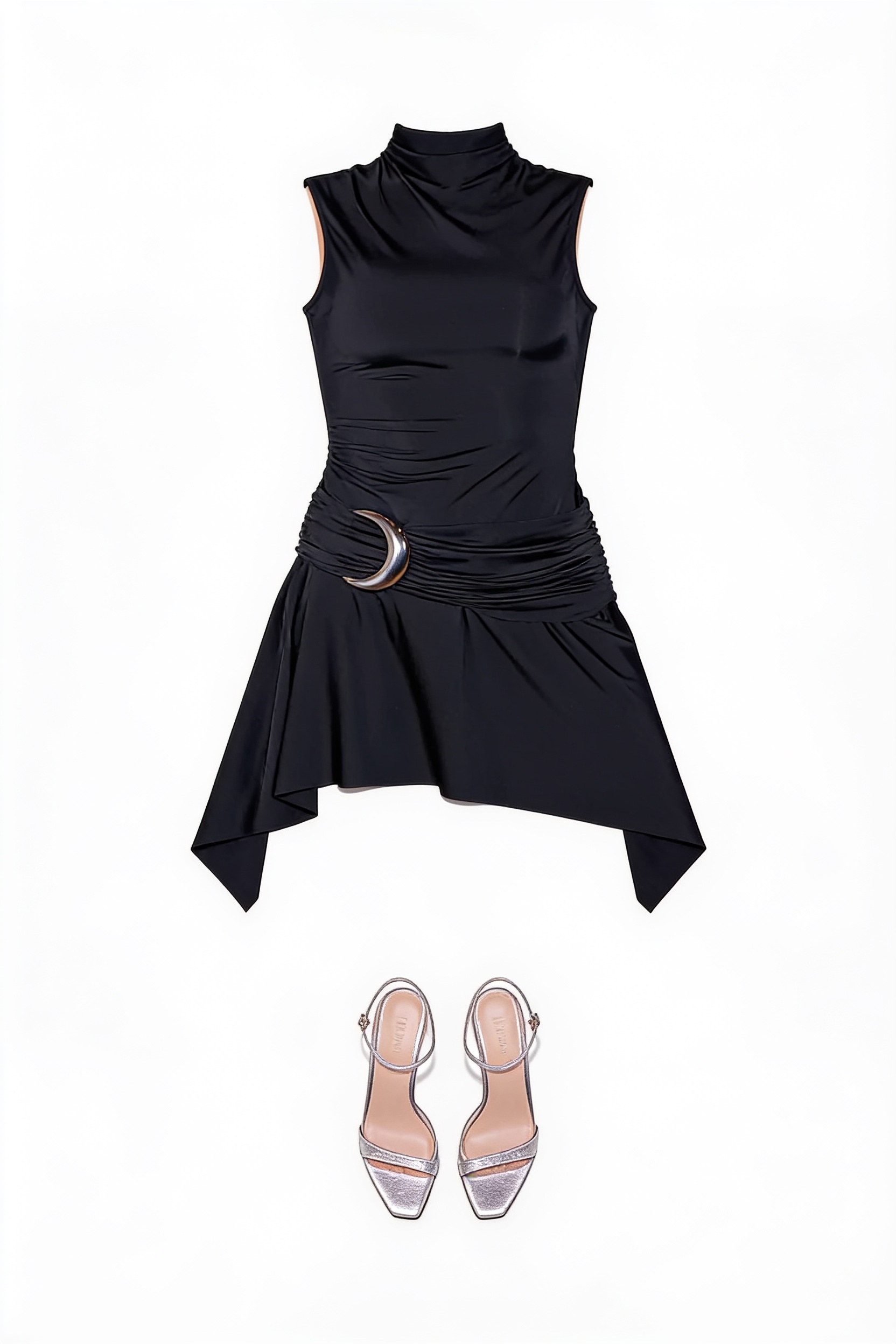 Black asymmetric draped mini dress