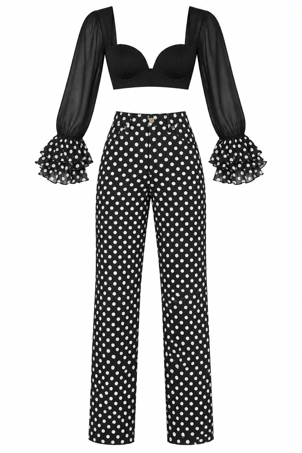 Black cropped top and polka-dot trousers