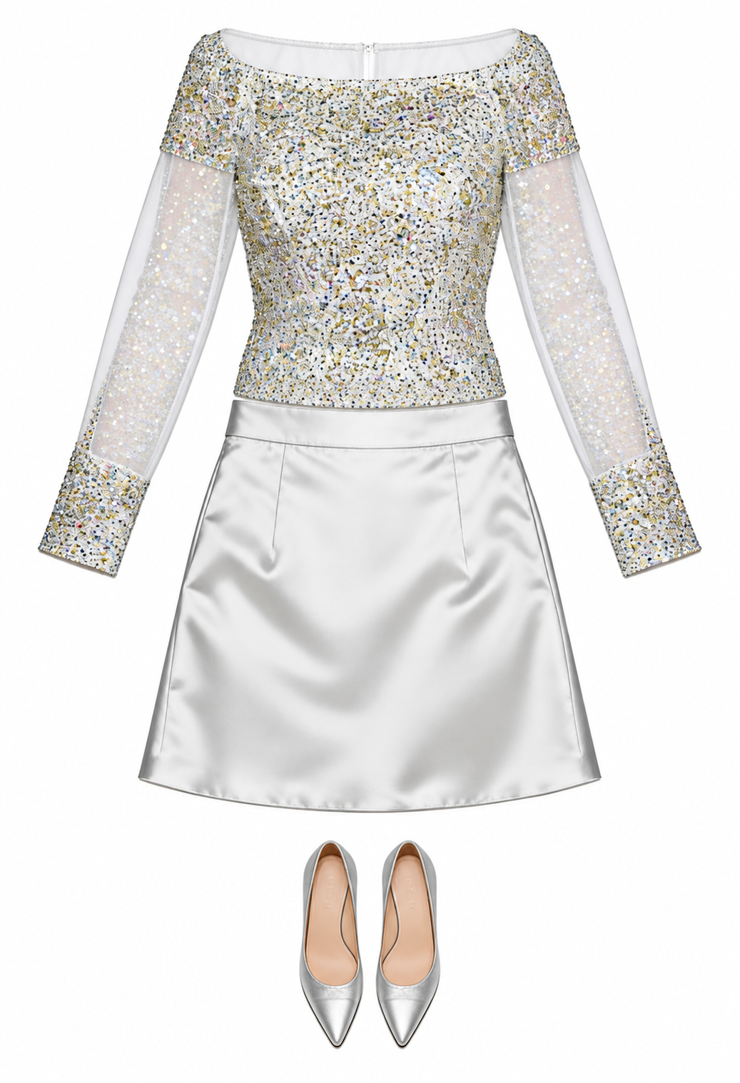Silver embellished top and satin mini skirt