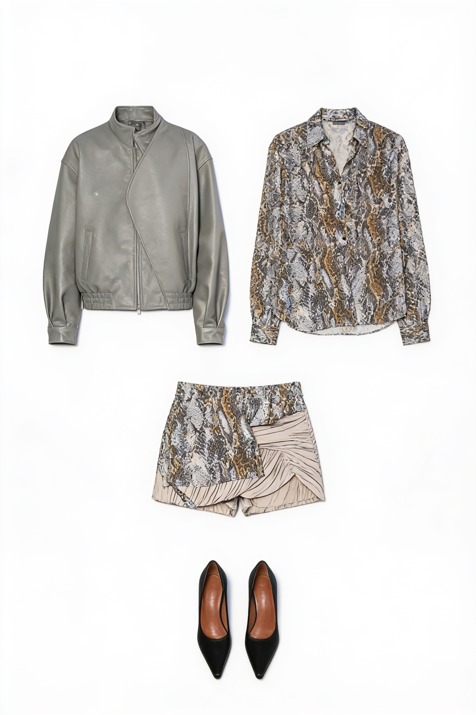 Grey bomber jacket and snakeskin shorts