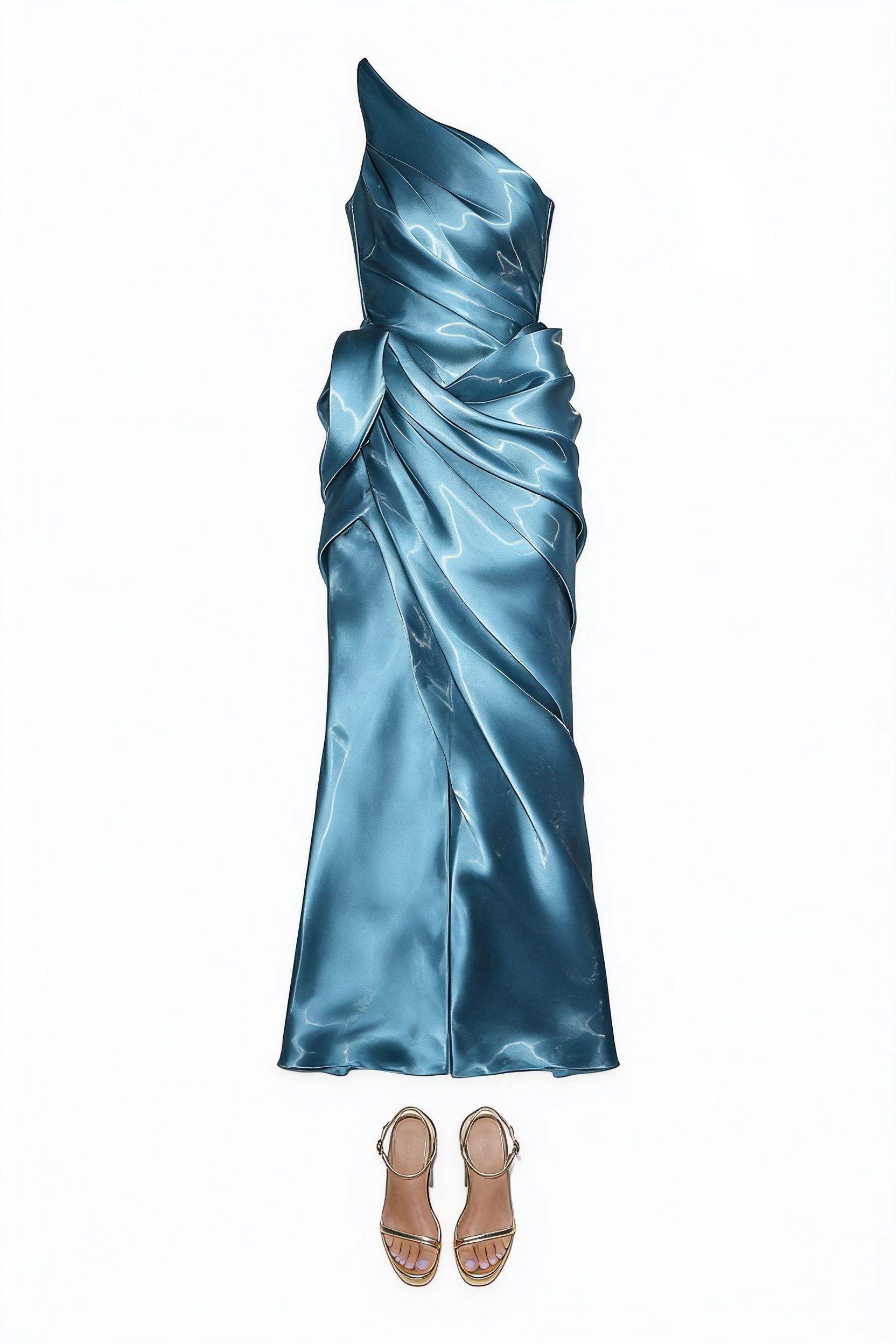 Steel blue one-shoulder satin gown