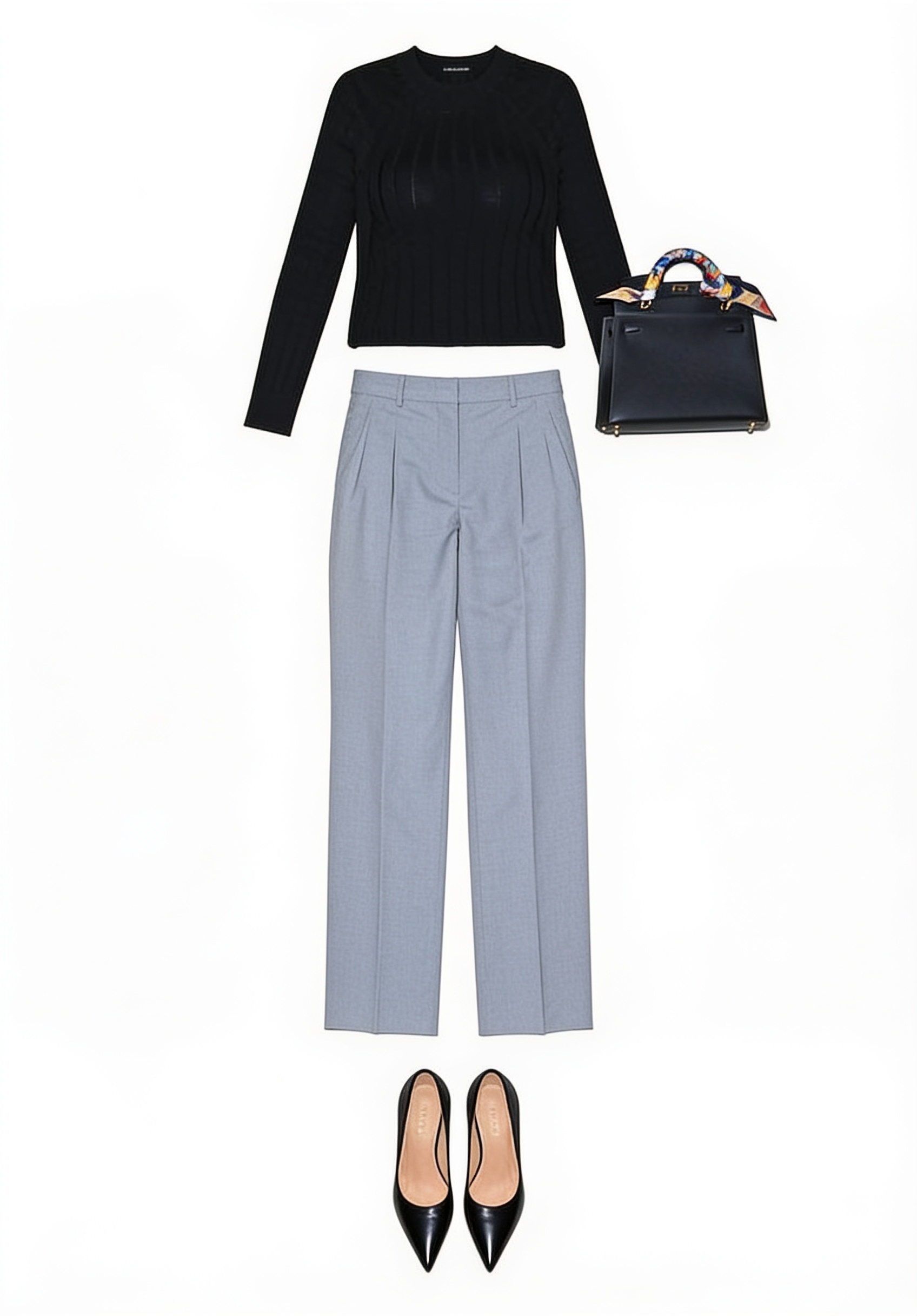 Black knit top and grey tailored trousers