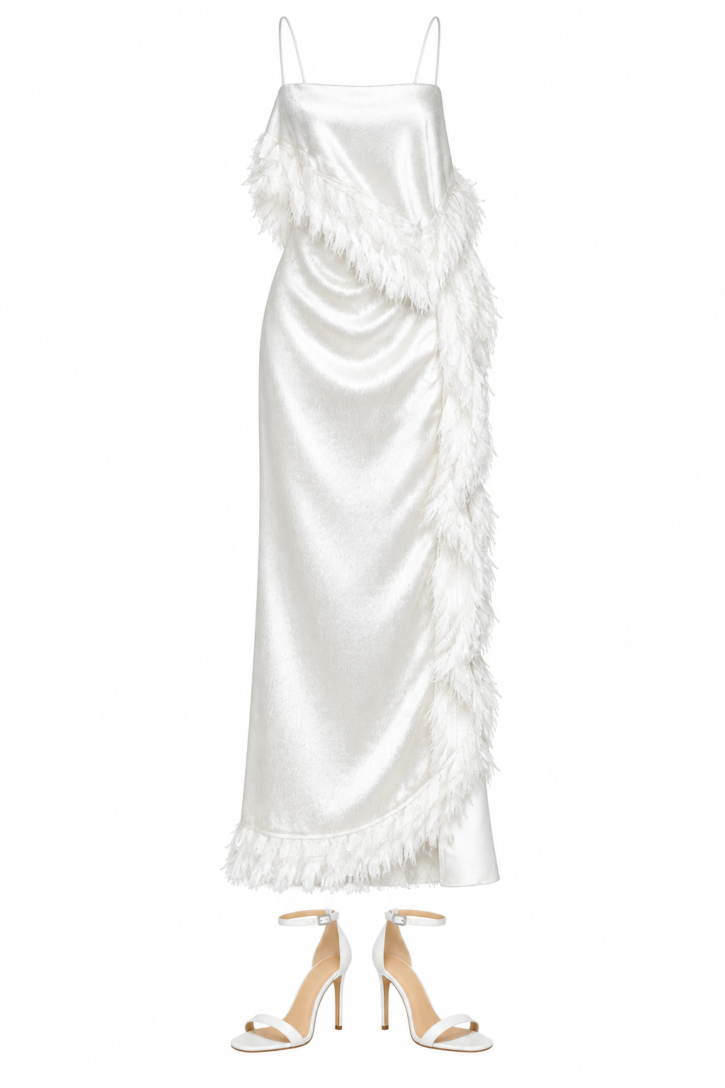 White feather-trim slip dress