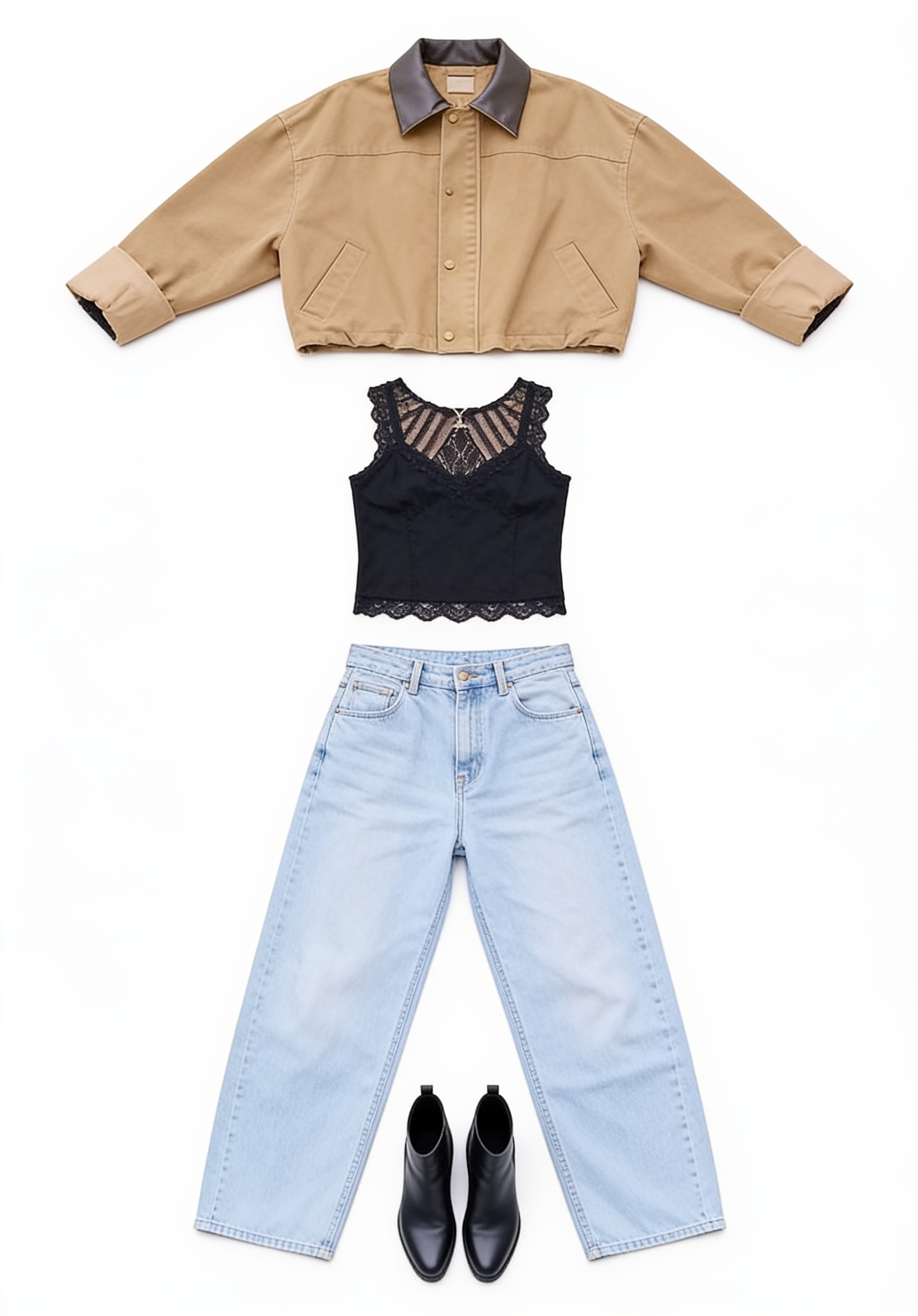 Tan barn jacket and light baggy jeans