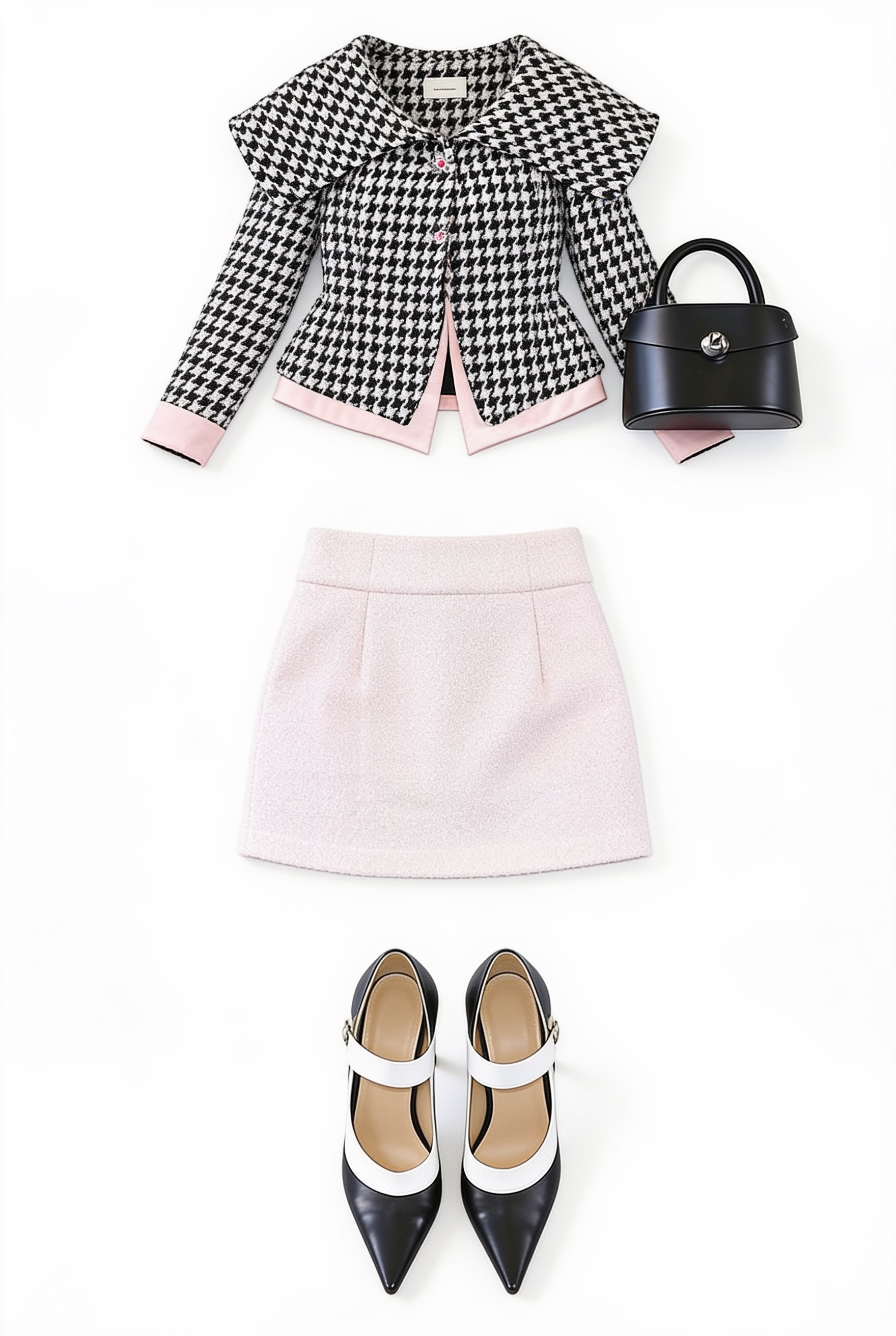 Black-and-white checked jacket and white mini skirt
