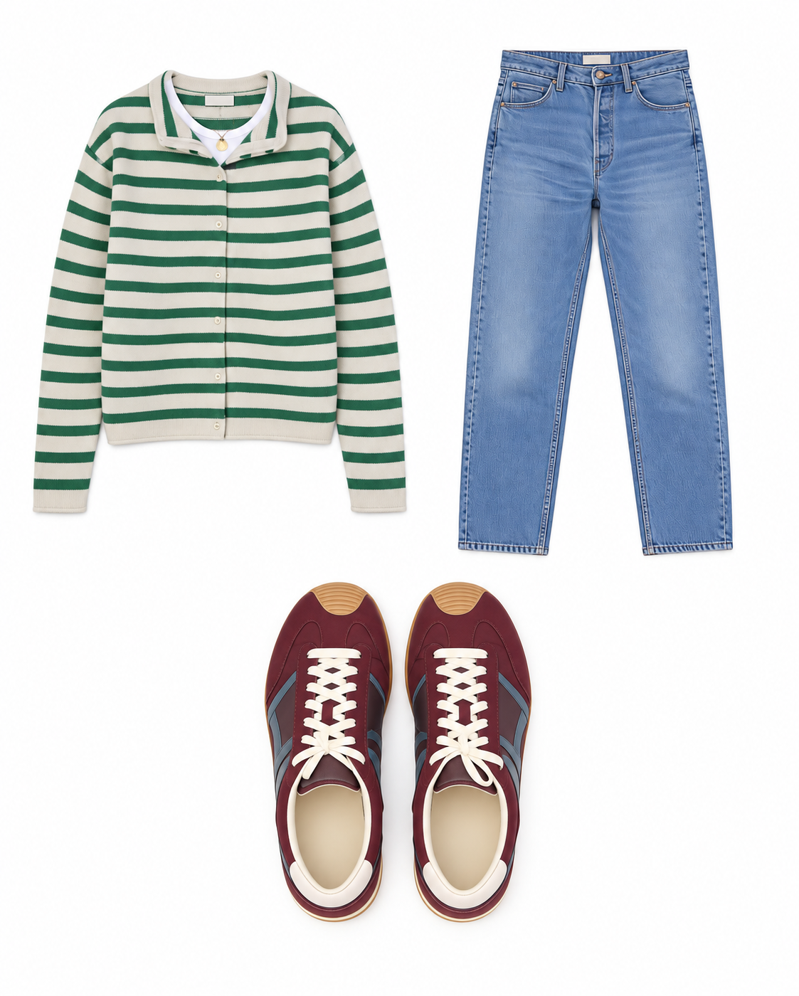 Green striped cardigan and blue jeans