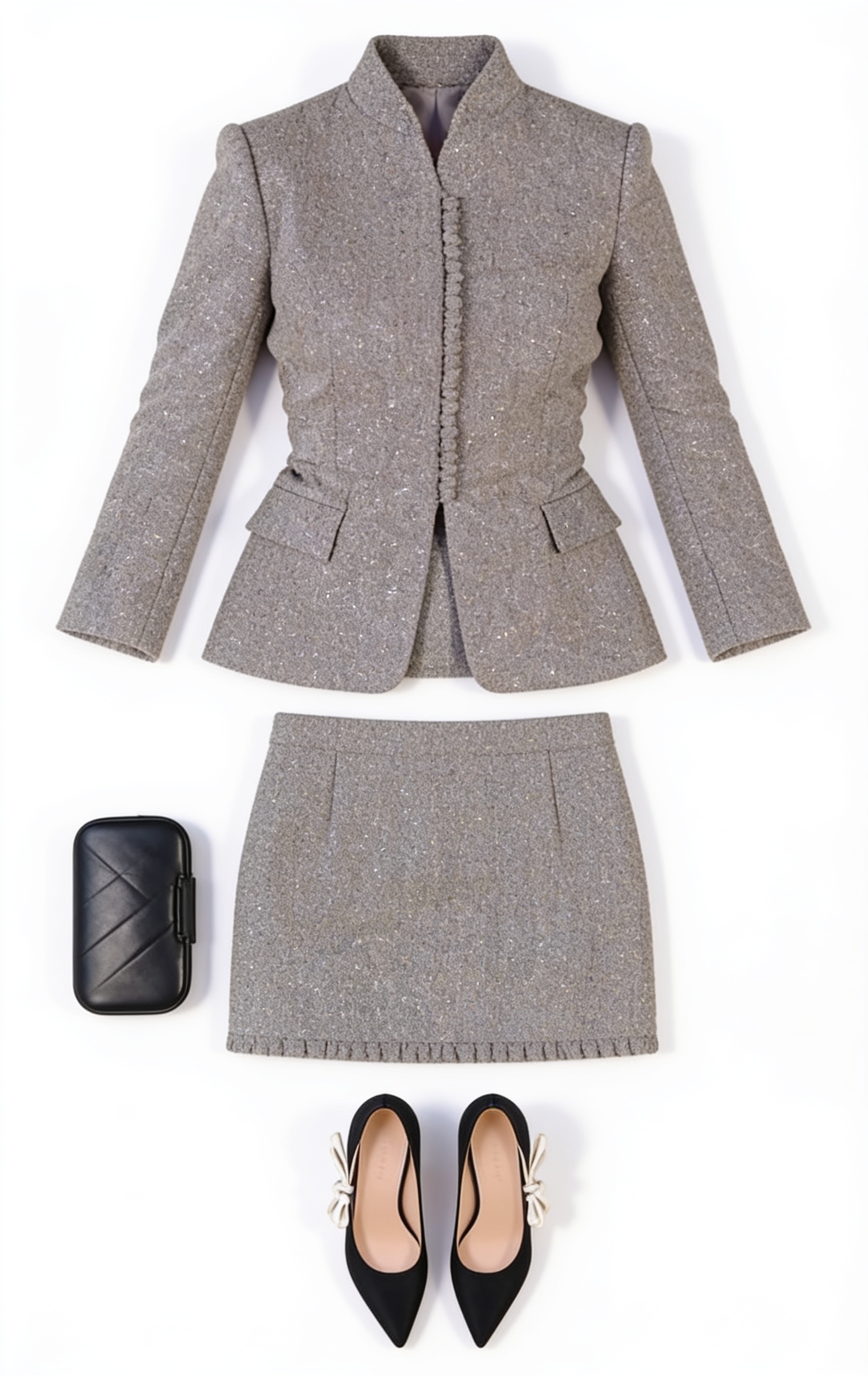 Grey tailored jacket and mini skirt