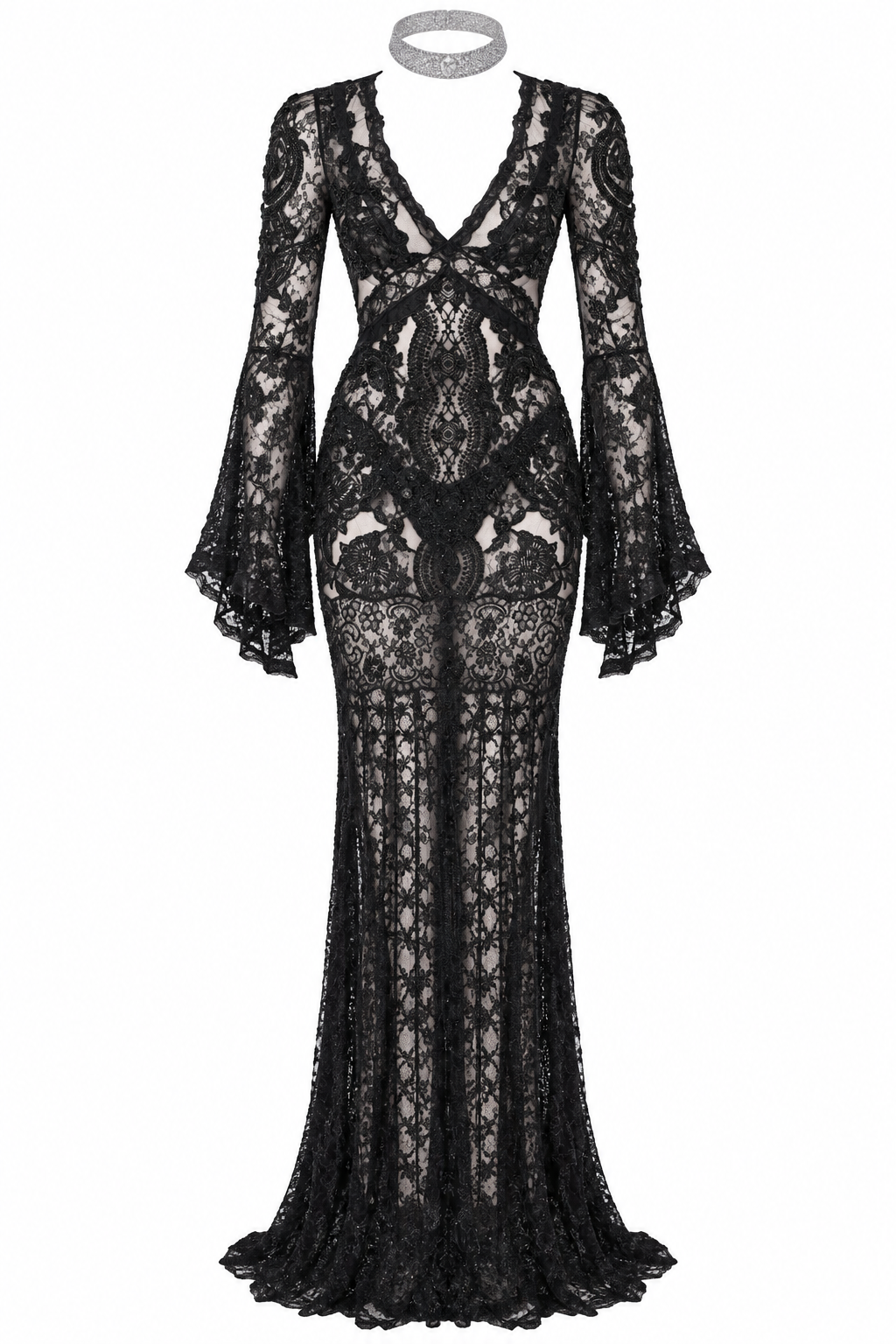 Black lace bell-sleeve gown