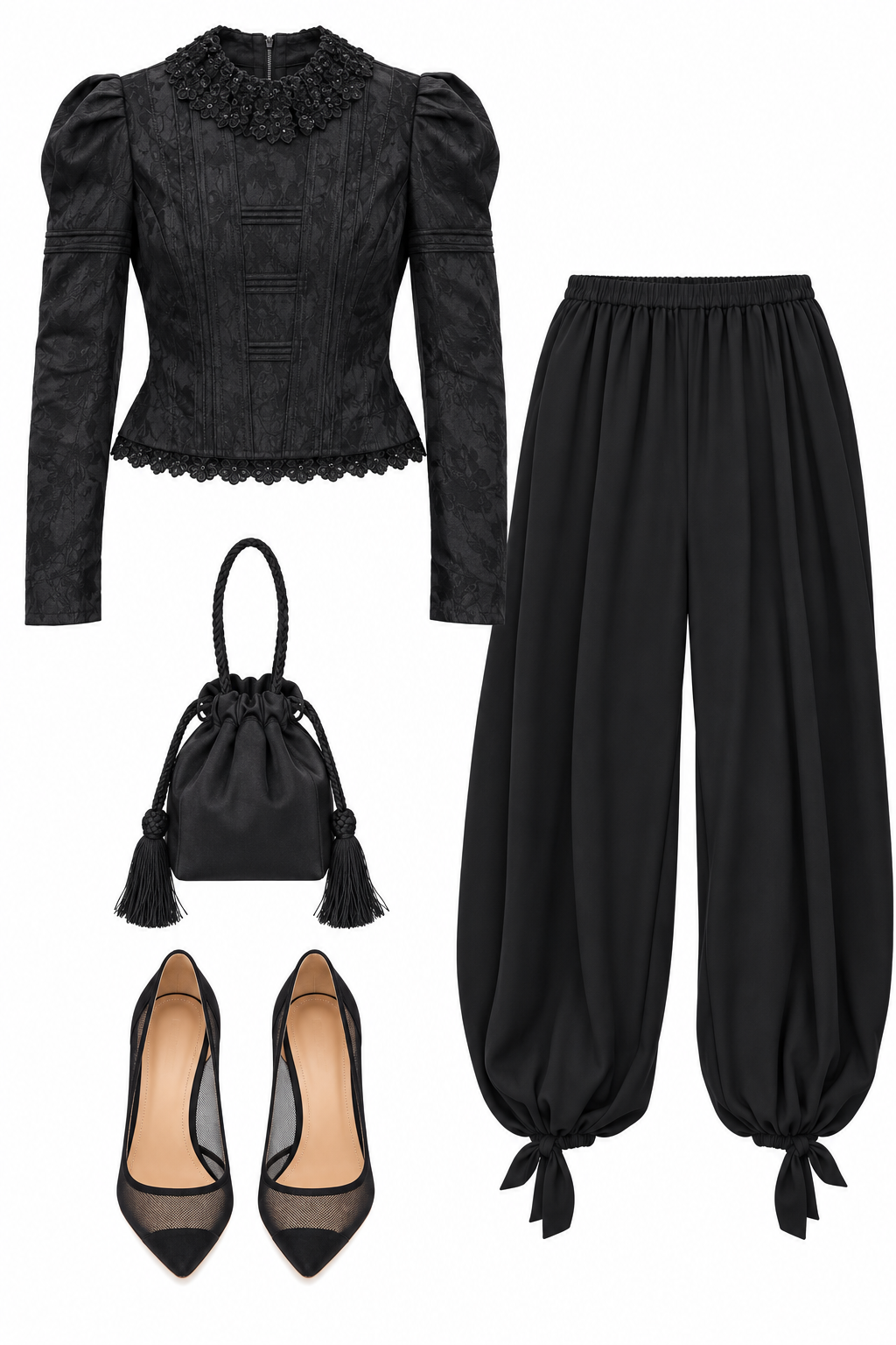 Black textured blouse and balloon trousers