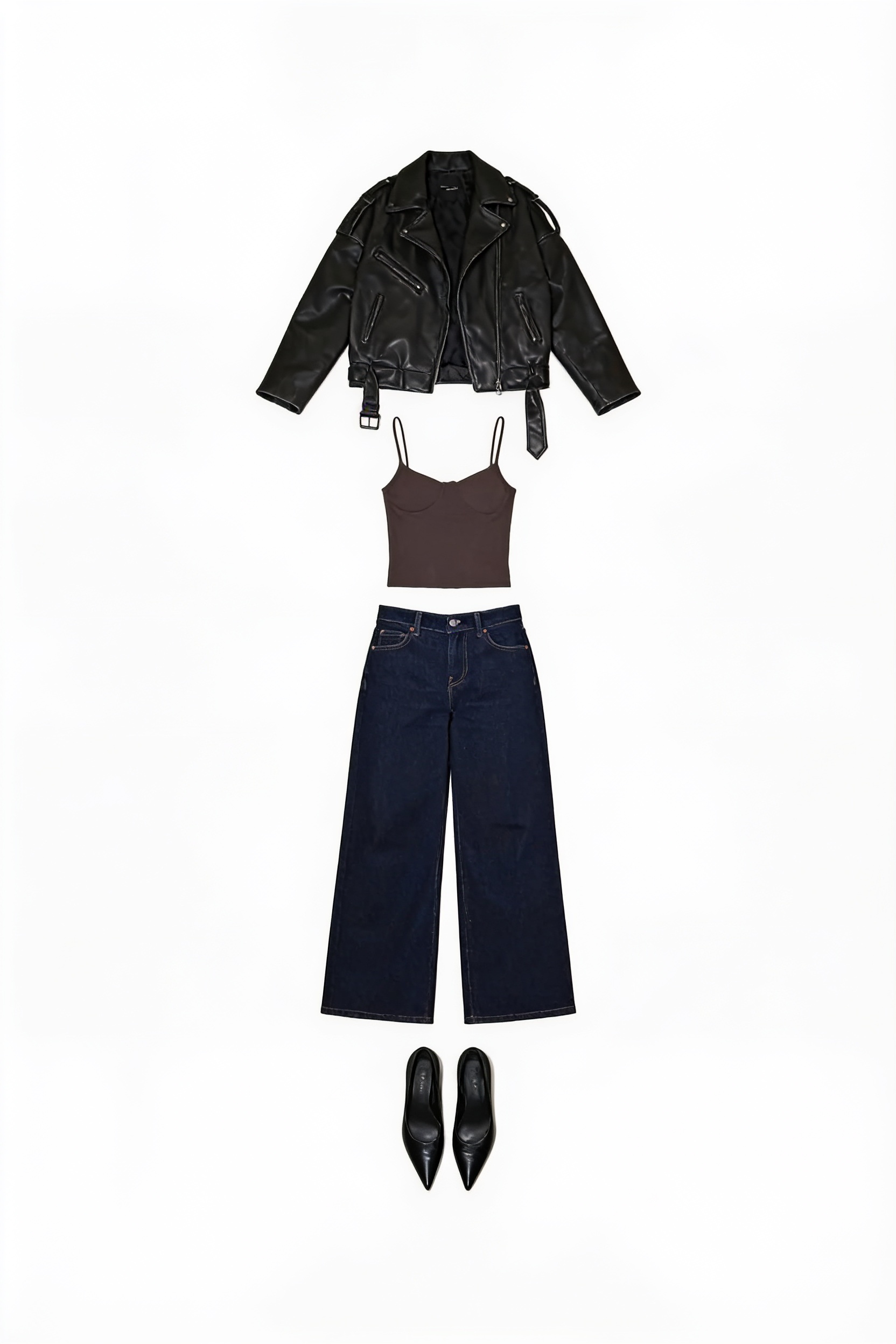 Black leather jacket and wide-leg jeans