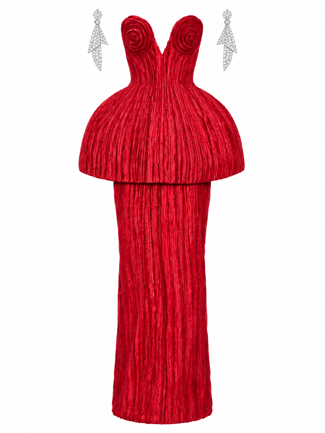 Red sculptural peplum gown