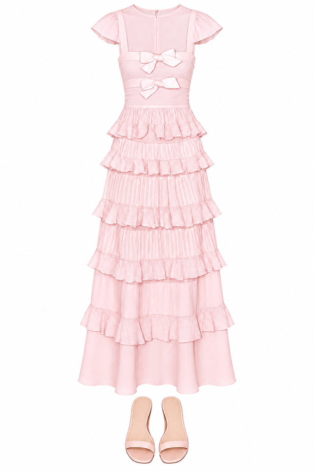 Pink bow-detail tiered maxi dress