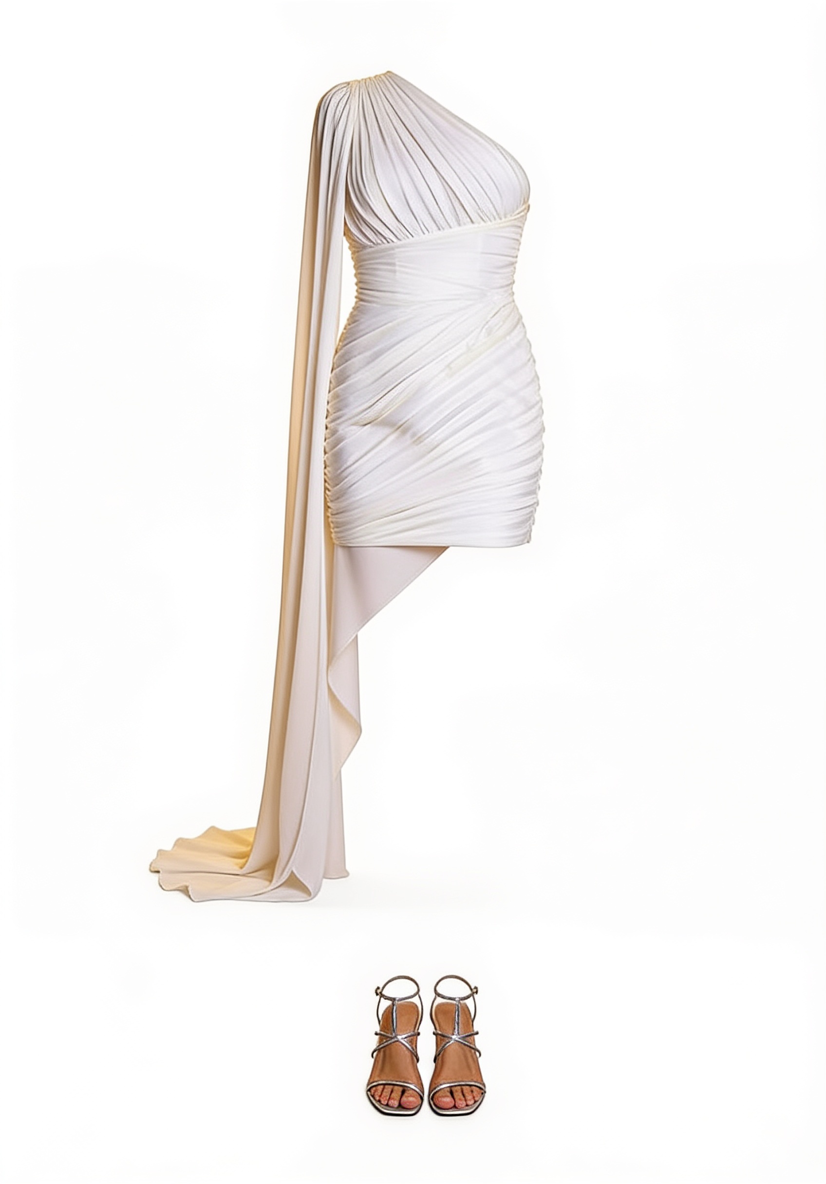 White one-shoulder ruched dress and sandals