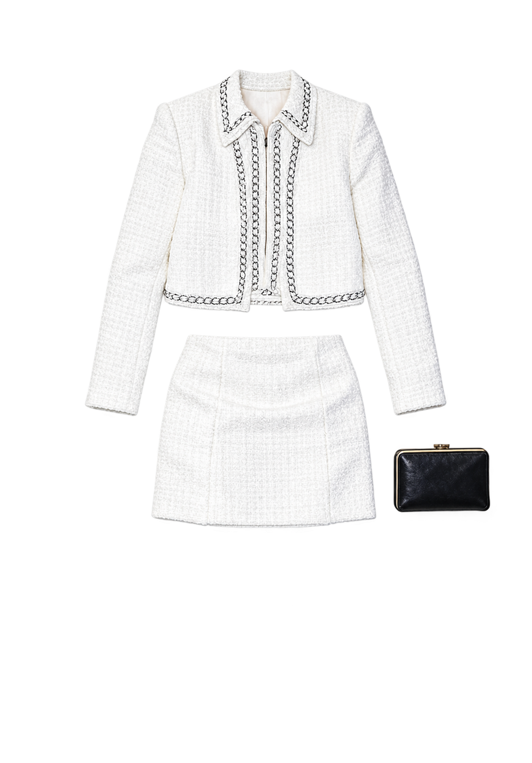 White tweed jacket and mini skirt
