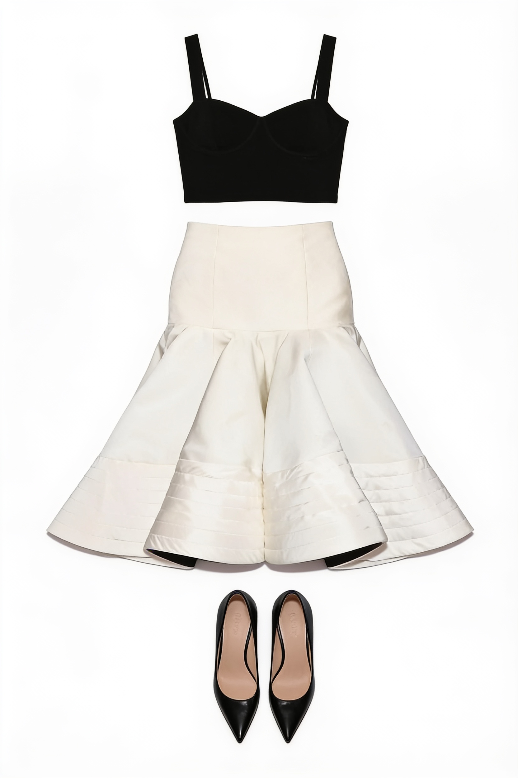 Black cropped top and ivory flared skirt