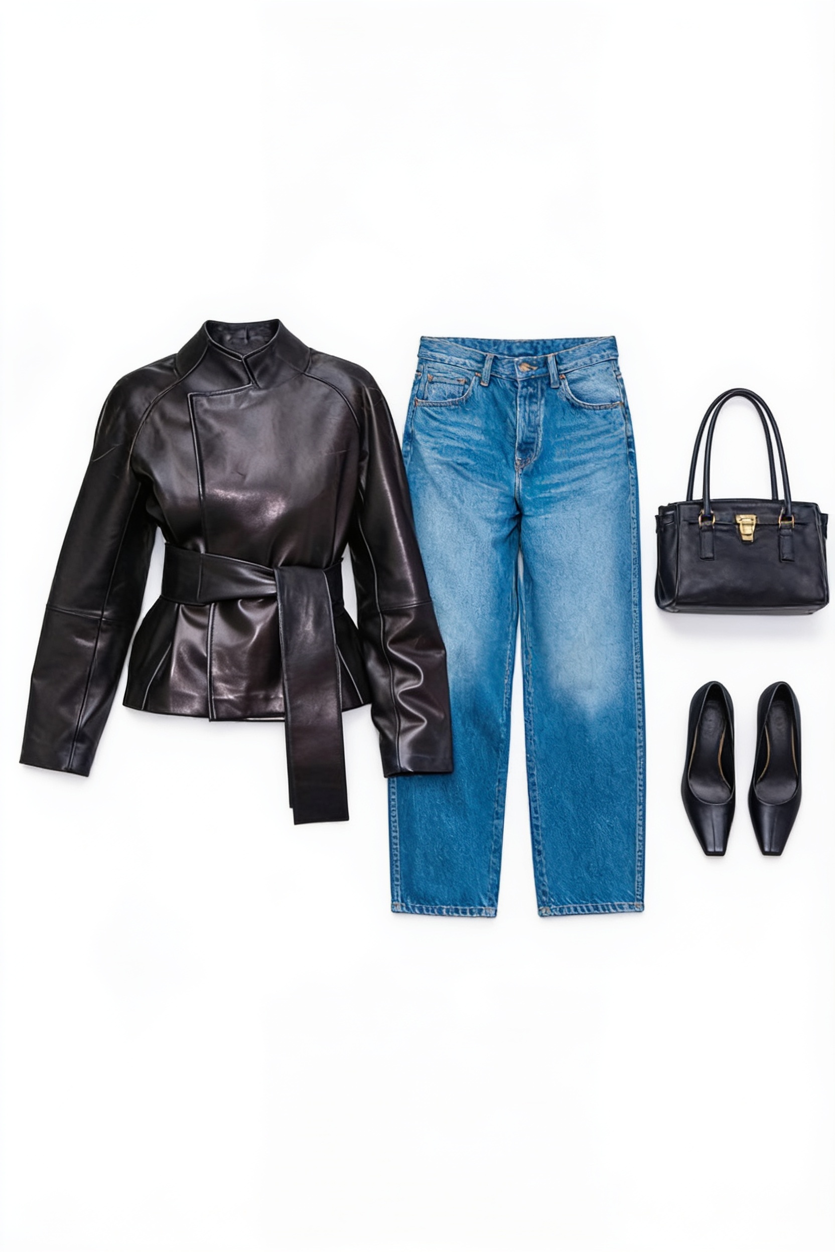 Black belted leather jacket and wide-leg jeans