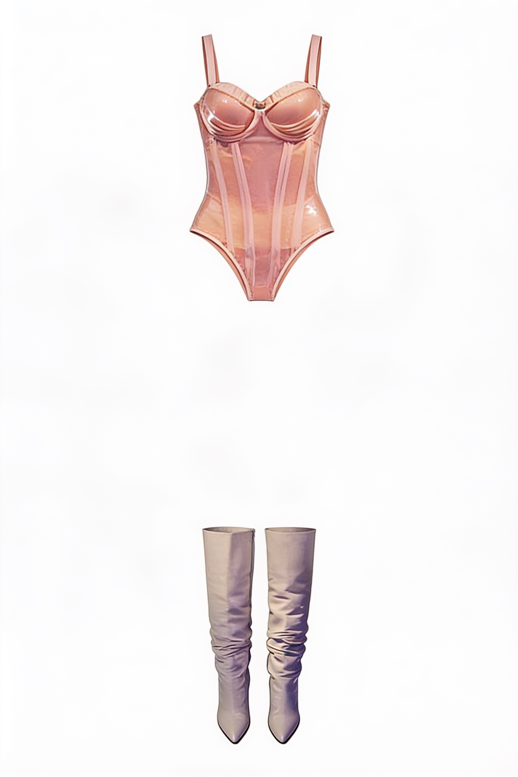 Rose satin corset bodysuit and silver over-knee boots