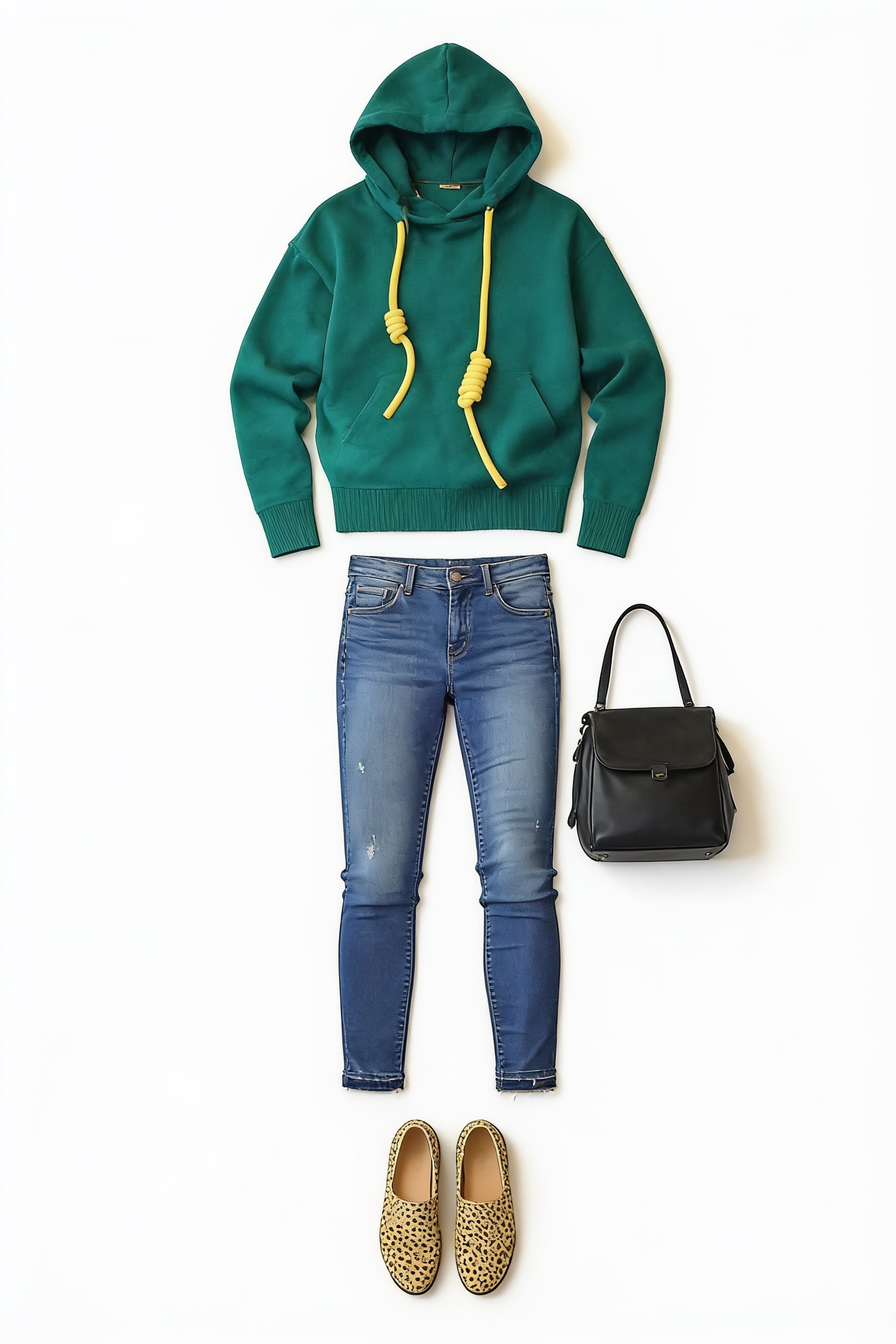 Green hoodie and blue skinny jeans