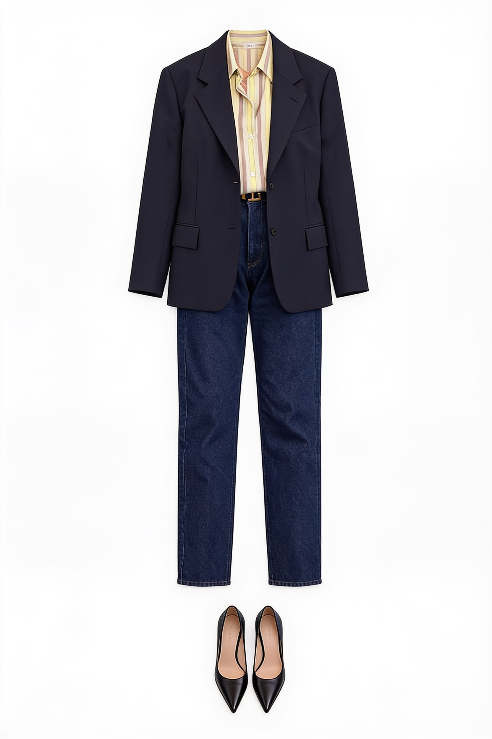 Navy blazer and tapered trousers with cream blouse
