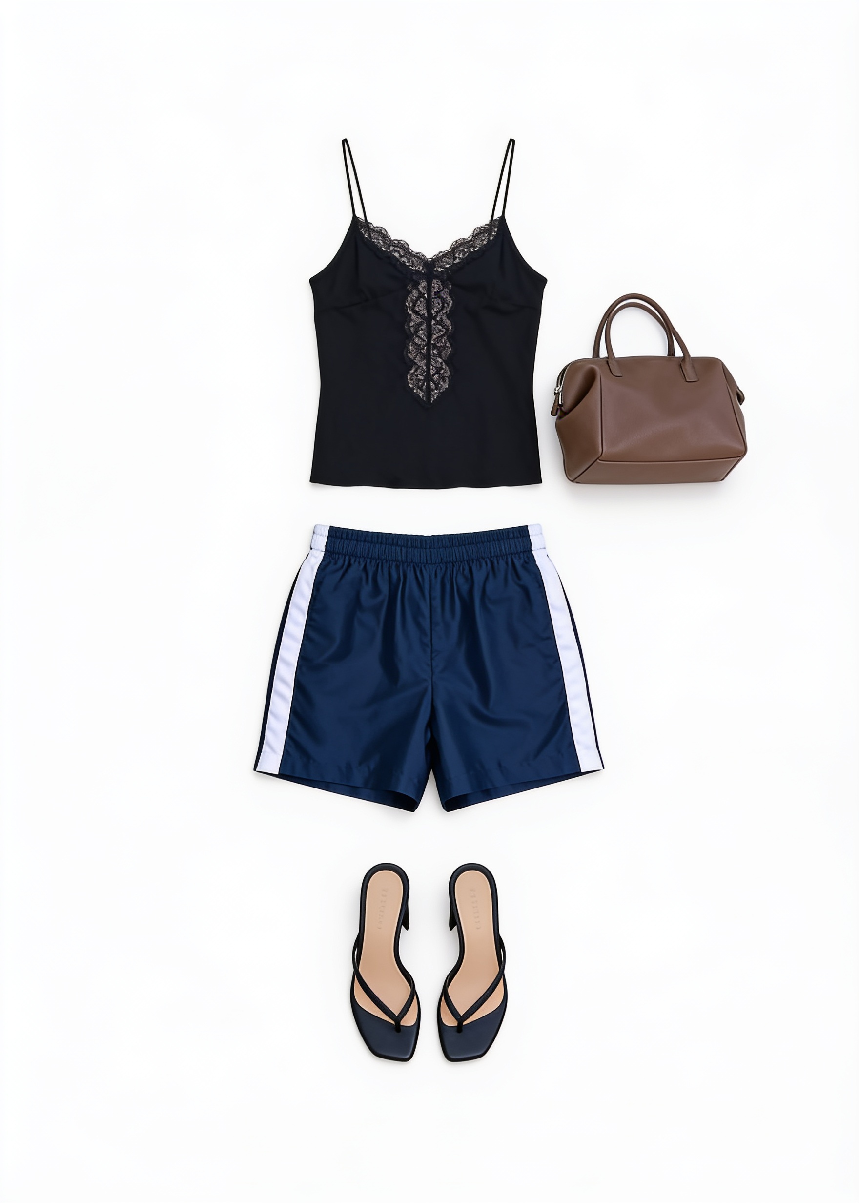 Black lace camisole and navy athletic shorts