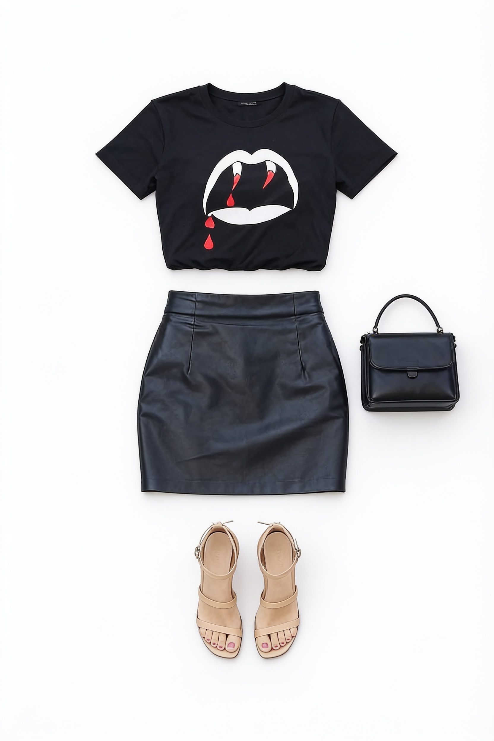 Black graphic tee and leather mini skirt